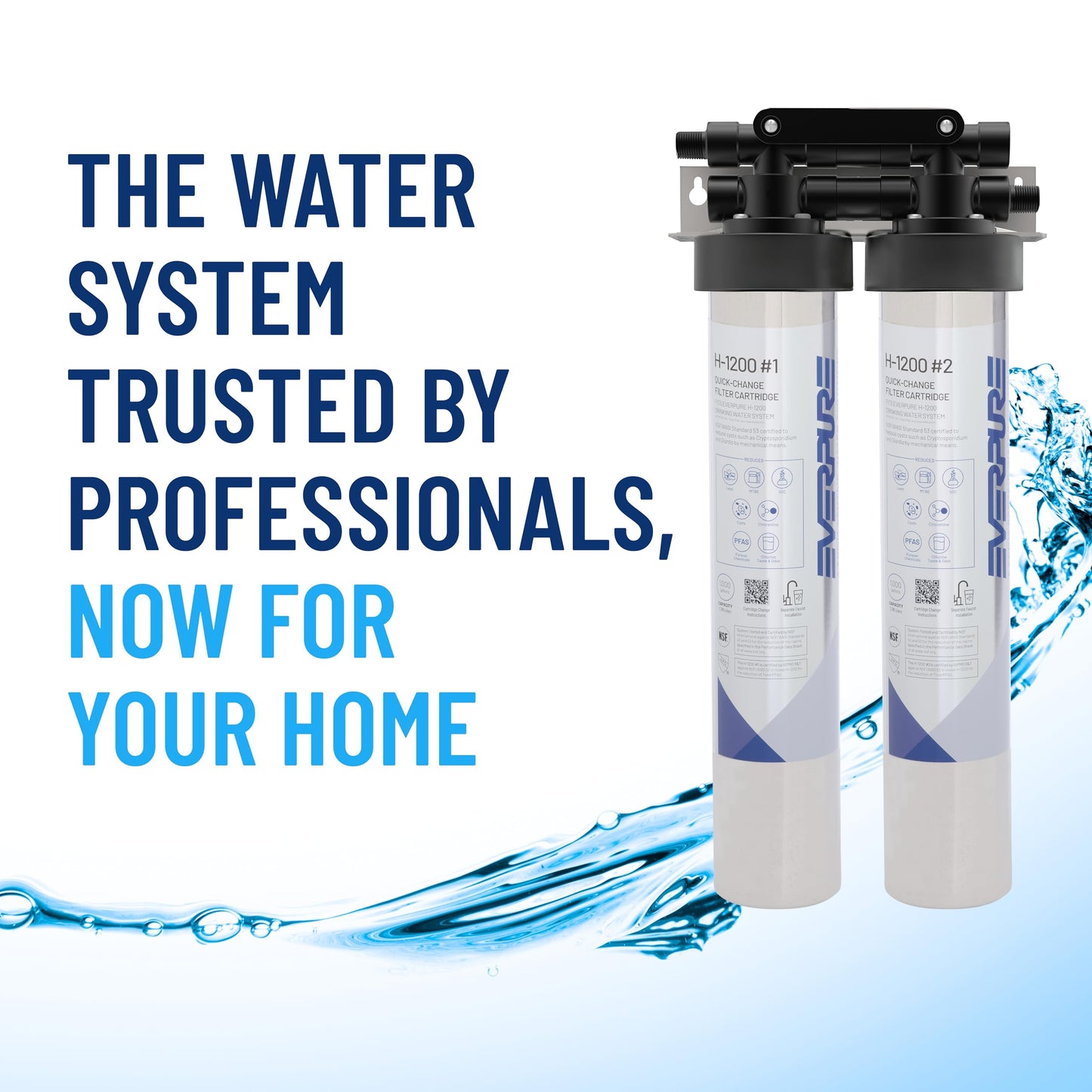 Pentair Everpure H-1200 Drinking Water System, EV928200, NSF Certified to Reduce Lead & PFOA/PFOS, Dual Cartridge System with Filter Head, Cartridges and Hardware, 1,000 Gallon Capacity, 0.5 Micron
