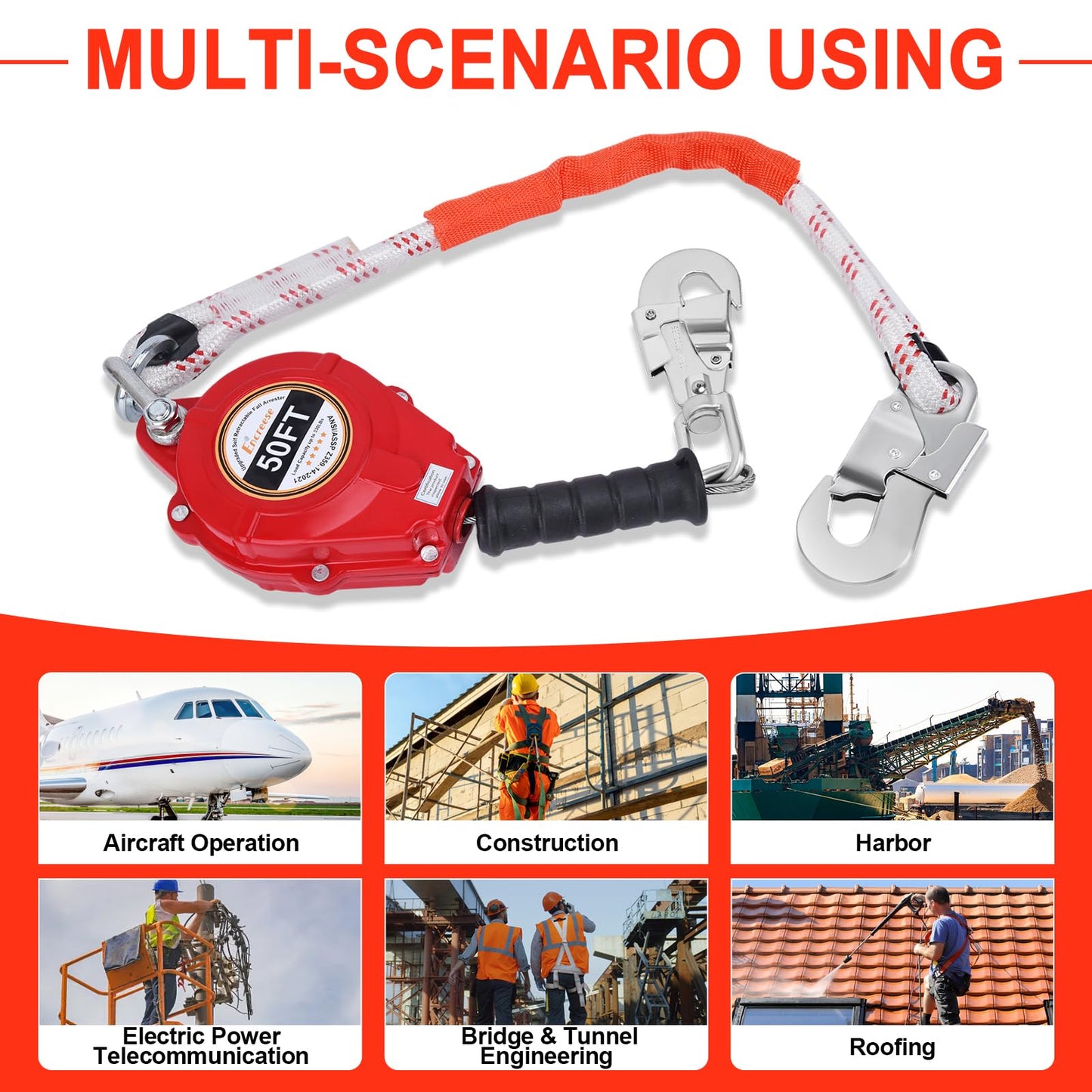 Self Retractable Lifeline Fall Protection Lanyard 50FT UPGRADED Arrester Safety Rope Double Locking Falling Protector Gear, Alloy Steel Roofing Harness Heavy Duty Dynamic Rotation Hook Cable Wire