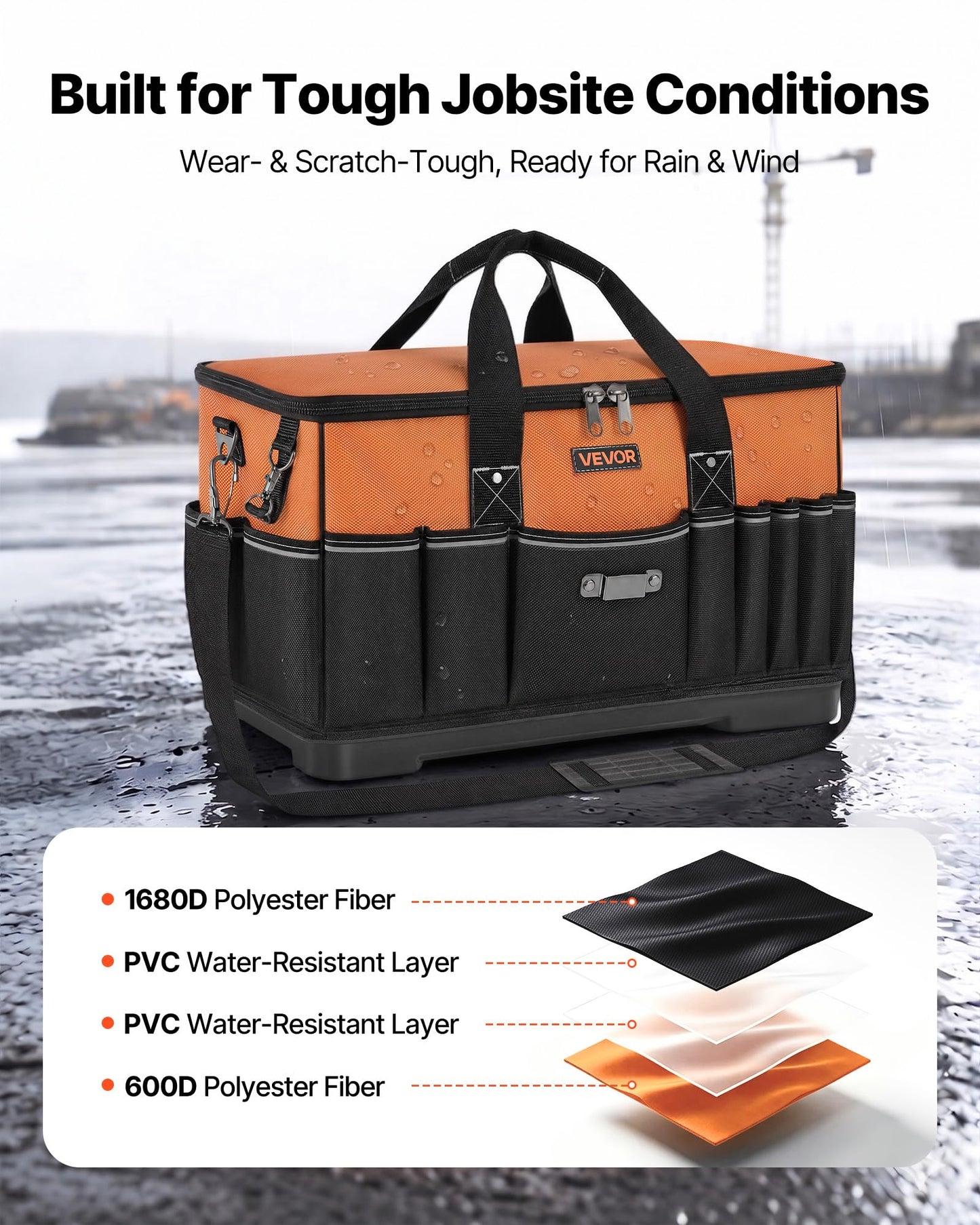 VEVOR Tool Bag, 19.1 Inch, 33-Pocket Portable Large Tool Box Organizer Storage, Toolbox with Water-Resistant Base, Zipper, Adjustable Shoulder Strap Toolbag, for Men Women Dad Husband Fathers Day