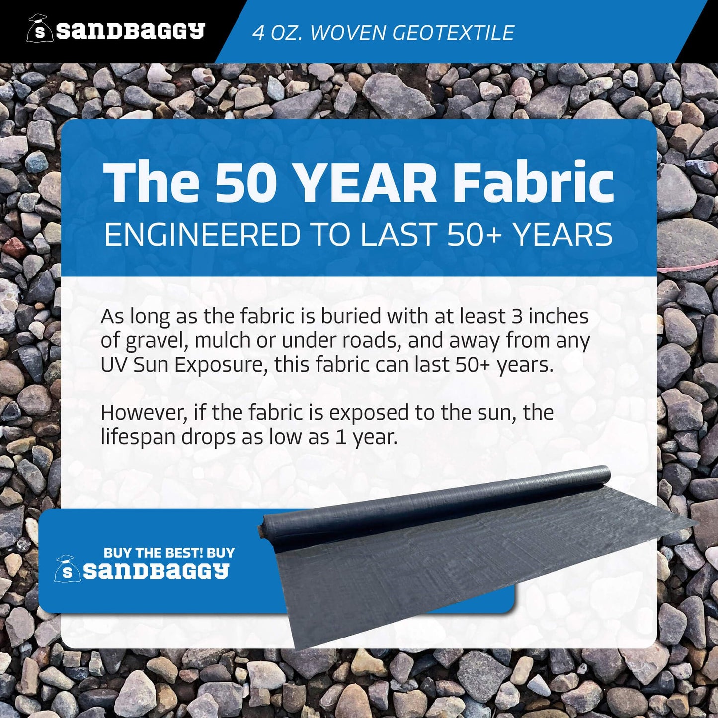 Sandbaggy Woven Geotextile Landscape Fabric | 50 YEAR Fabric* | for Soil Stabilization & Underlayment for Pavers, Driveway, Gravel Roads & Parking Lots | Meets AASHTO M288 Spec (17.5 ft x 100 ft Roll)