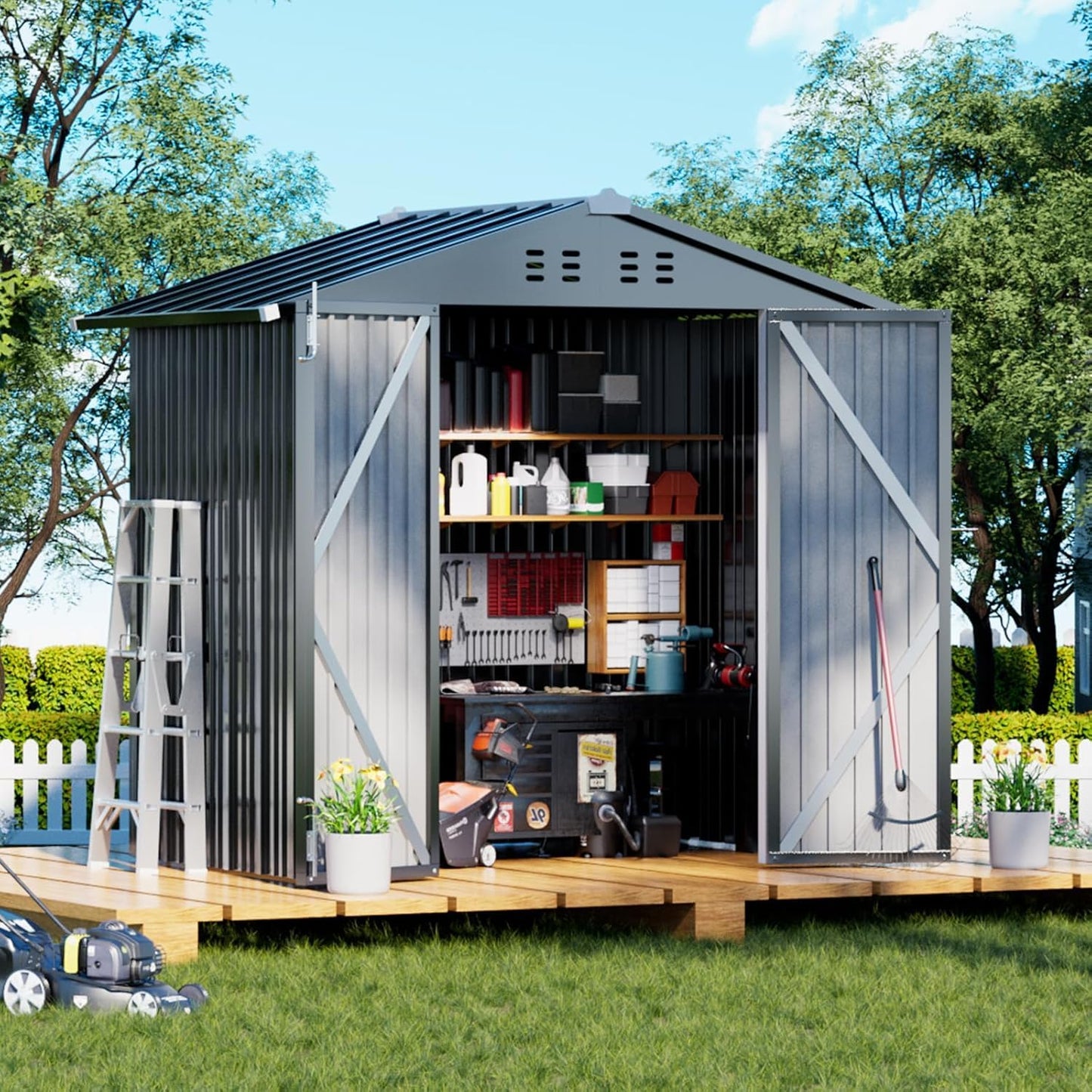 COMHOMA Shed Outdoor Storage Shed Metal,Lockable Doors Tool Sheds with Sloping Roof,Steel Garden Shed with Air Vent for Backyard,Patio,Lawn,Poolside(Grey,6'x4')