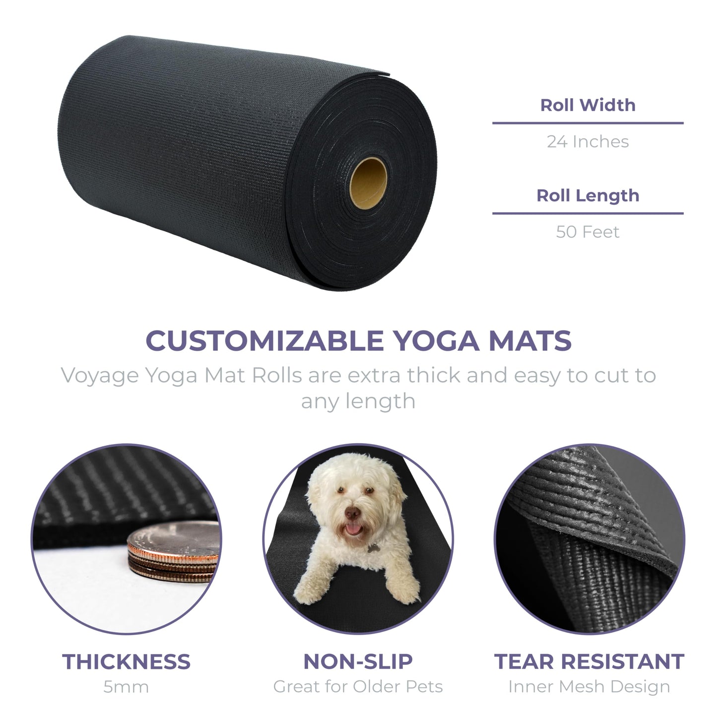 Sunshine Yoga Voyage Yoga Mat Roll, 24in x 50ft Exercise Mat, 5mm Thick Non-Slip Gym Mat for Home Workout and Fitness, Anti-Tear, Cut up to 8 Regular Yoga Mats, Black