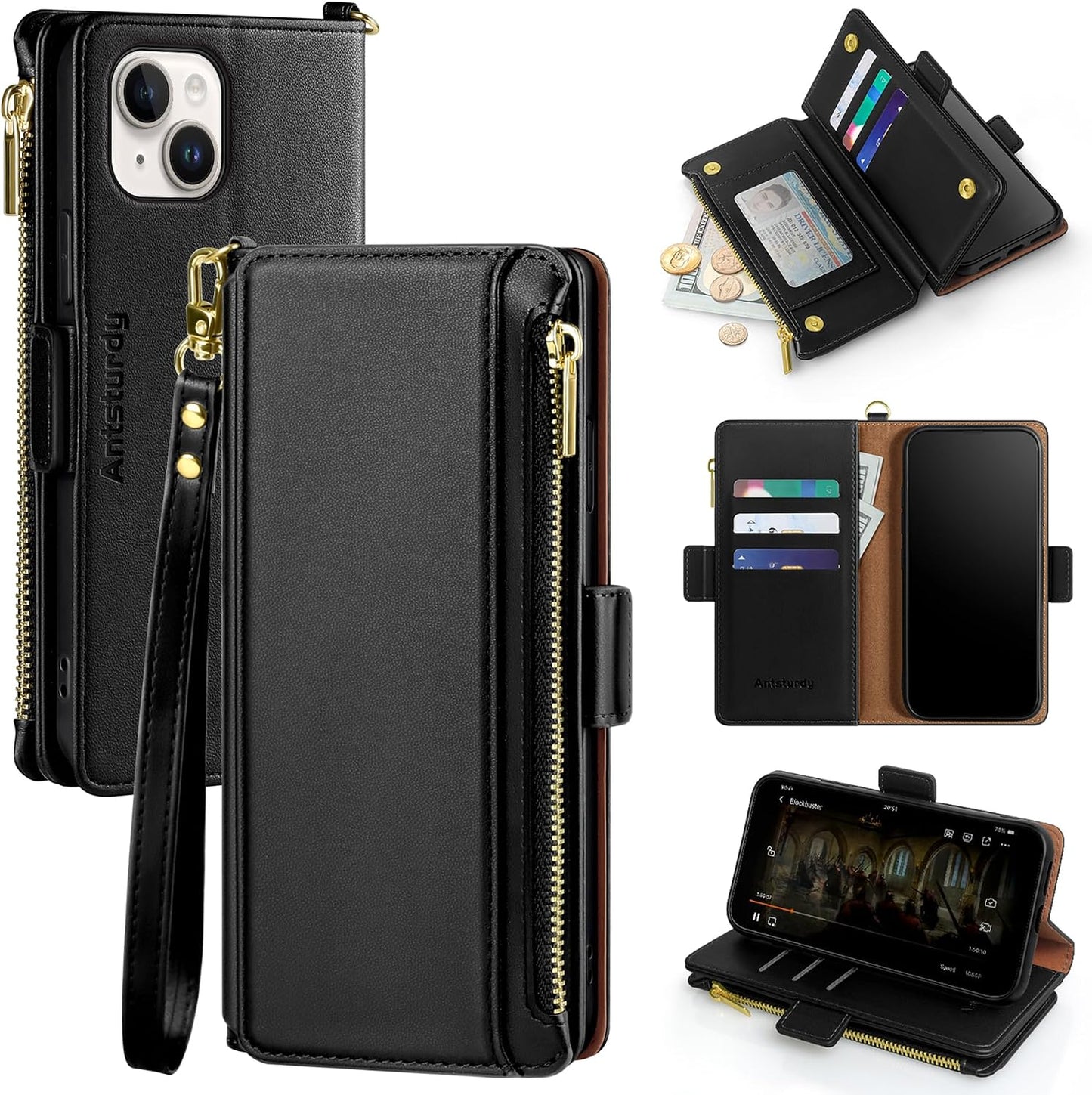 Antsturdy 15 15 6.1",(Black) Compatible with iPhone Wallet Case Card HolderRFID Blocking PU Leather Phone Case Women