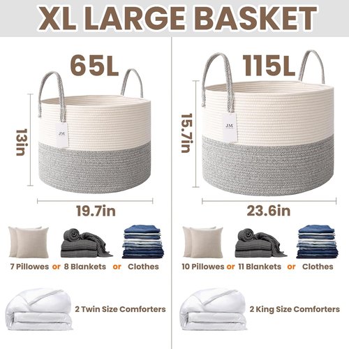 JMvicyroam 65L Extra Large Blanket Basket - Woven Cotton Rope Laundry Hamper with Handles | Machine Washable, White & Grey