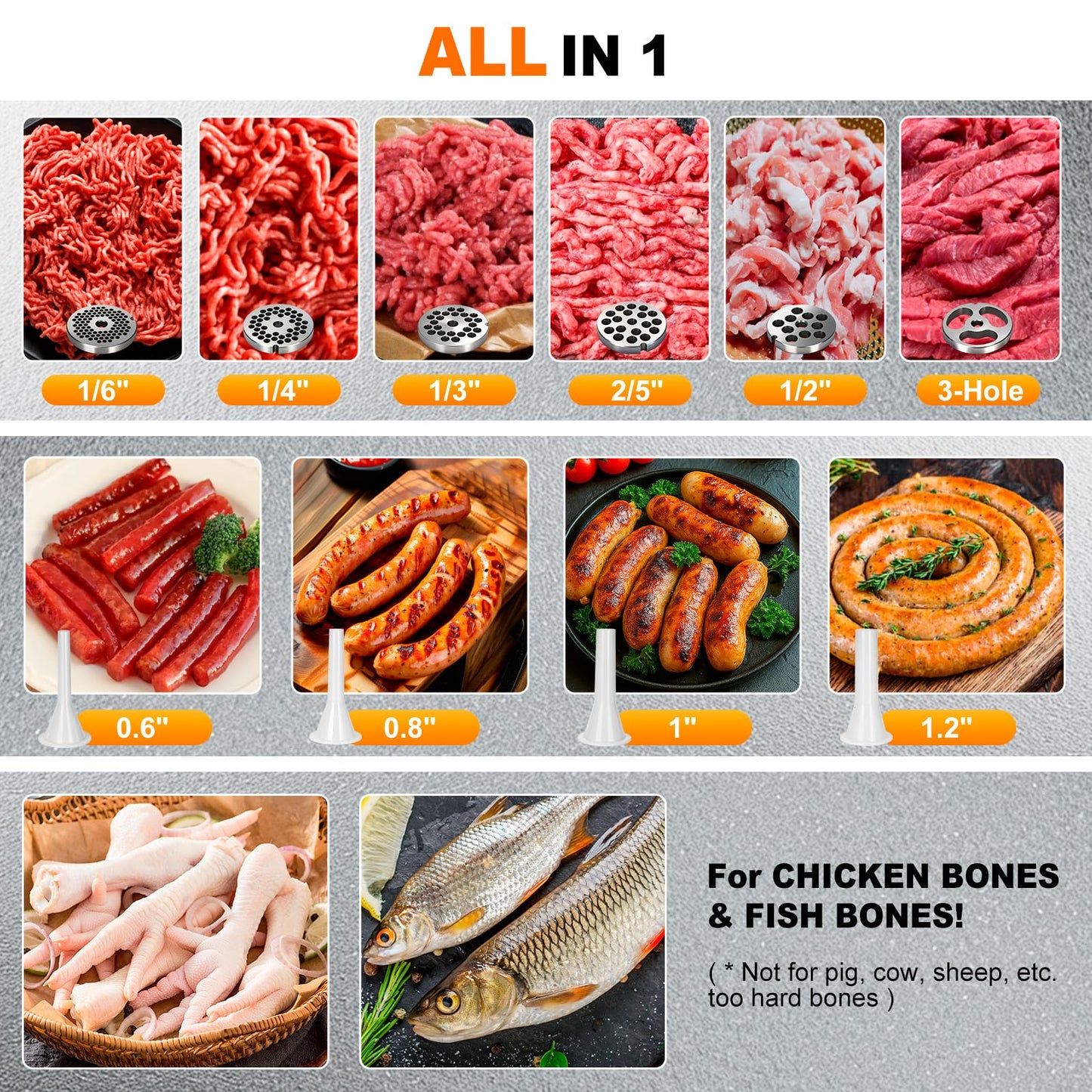 Anatole Commercial Electric Meat Grinder 1.8 HP 1300 W All Stainless Steel Meat Bones Mincer Heavy Duty Sausage Stuffer with 6 Grinding Plates 4 Blades for Restaurant Hotel 110V