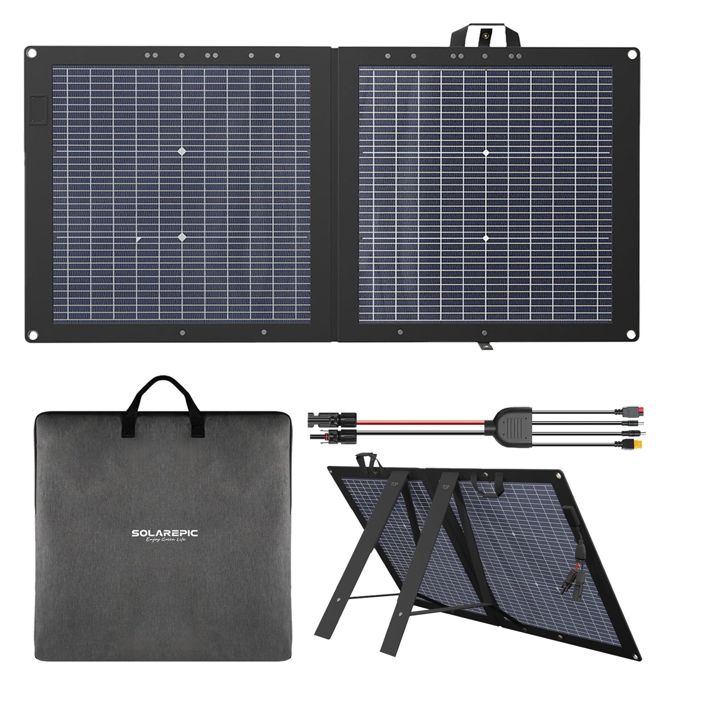 SolarEpic 110W Foldable Solar Panel, Bifacial Monocrystalline, 25.9 Voc Output, Waterproof, for Portable Power Station, Camping, RV, with Kickstand and Carrying Bag