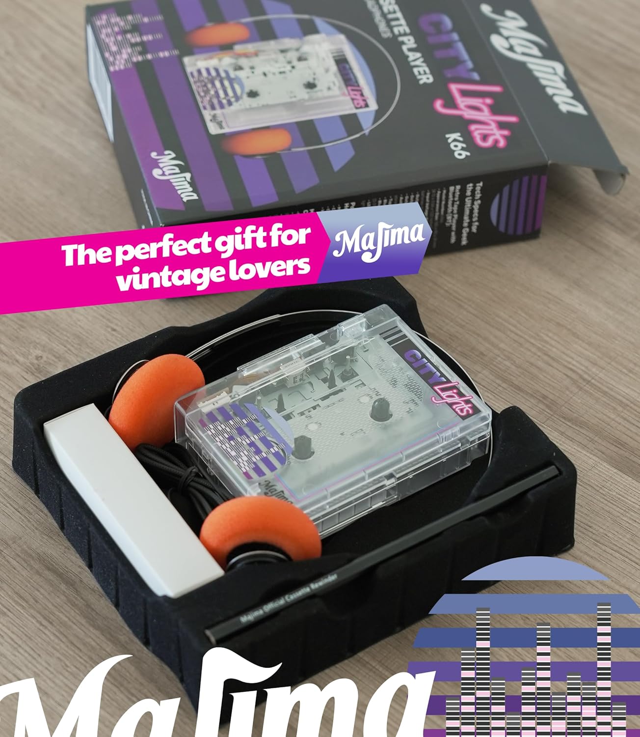 Majima Design Cassette 80s 90s Bluetooth Player with FM Radio Transparent Portable Design Retro Audio Gift Supports USB