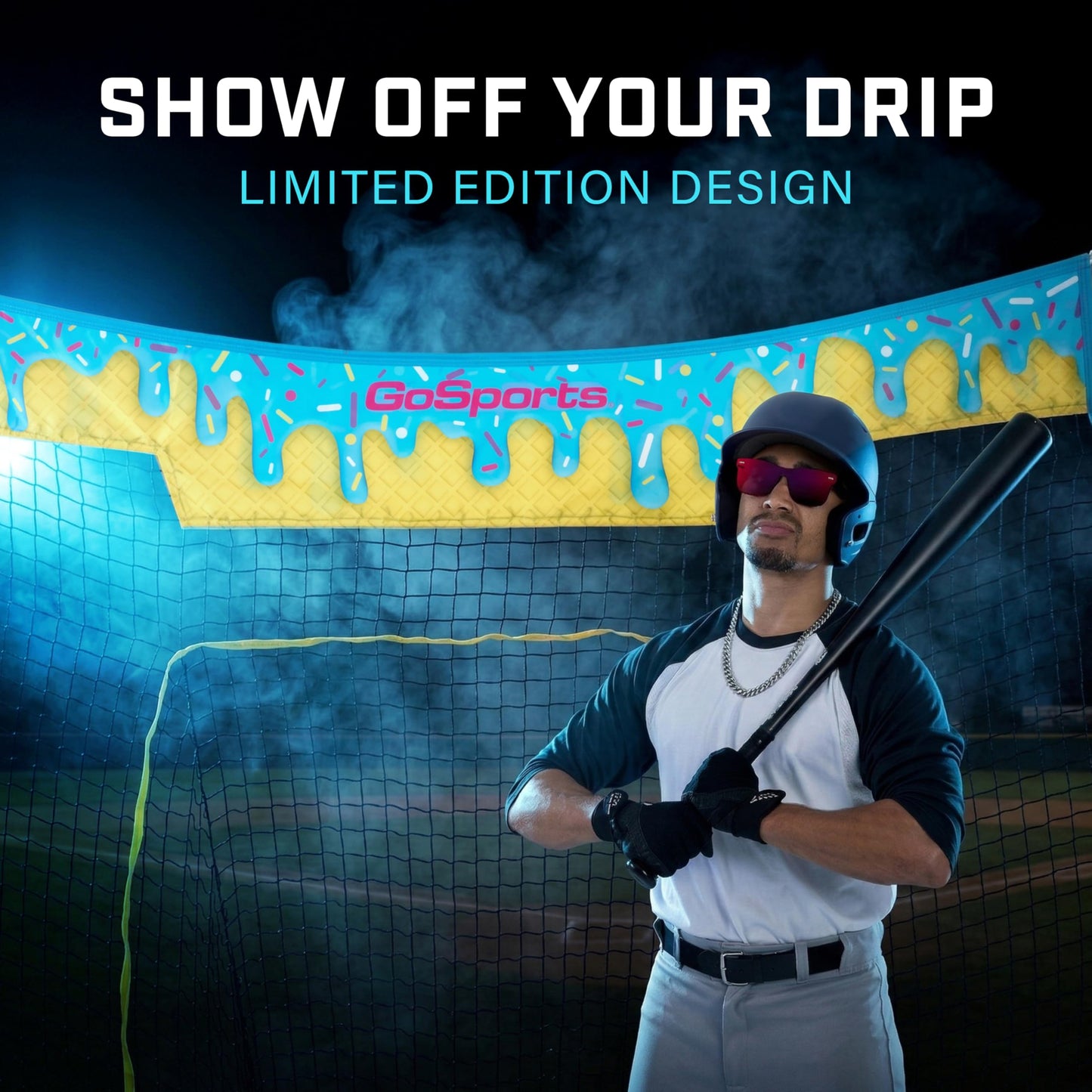GoSports 7 x 7 ft Ice Cream Drip Baseball & Softball Batting Net - Full Size Hitting & Pitching Practice Net with Strike Zone and Carry Case