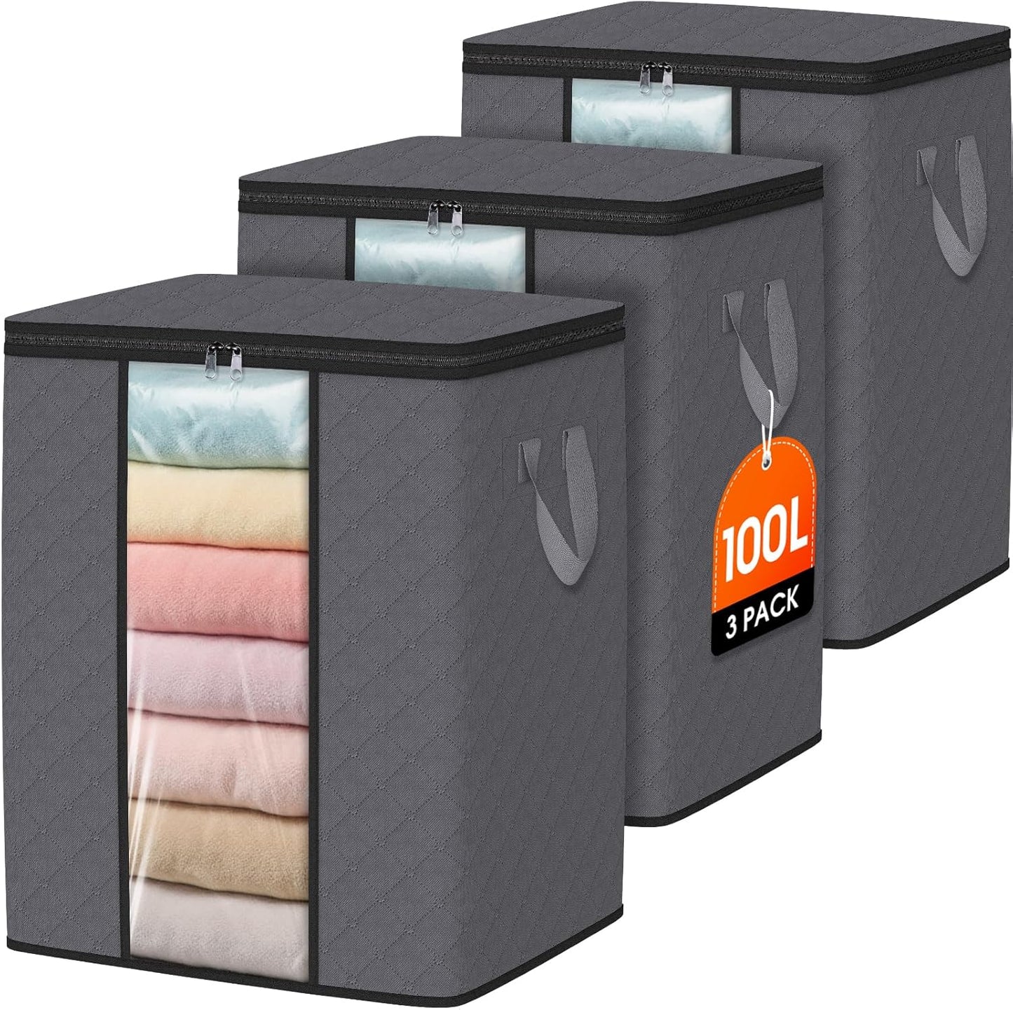 SpaceWhisper 100L Clothes Storage Bags - Foldable Thick Fabric Organizers for Bedroom & Closet | Grey 3-Pack