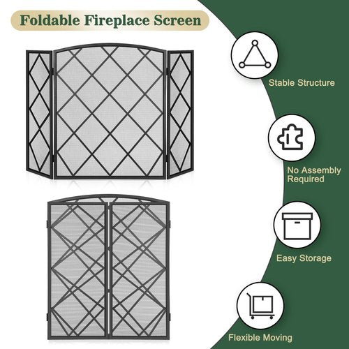 FEED GARDEN 3 Panel Fireplace Screen 48" W x 29" H Modern Foldable with Wrought Metal Decorative Mesh, Black