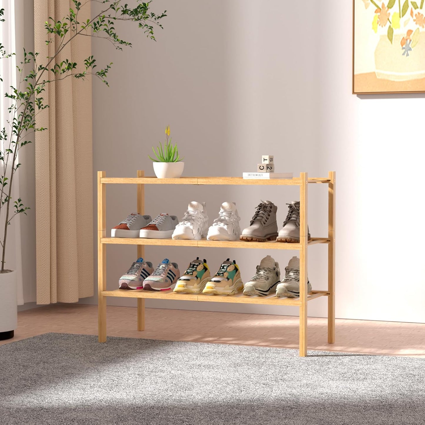 ROMGUAR CRAFT 3-Tier Bamboo Shoe Rack - Stackable Wood Storage Organizer for Small Spaces | 27"x11"x20" (Natural)