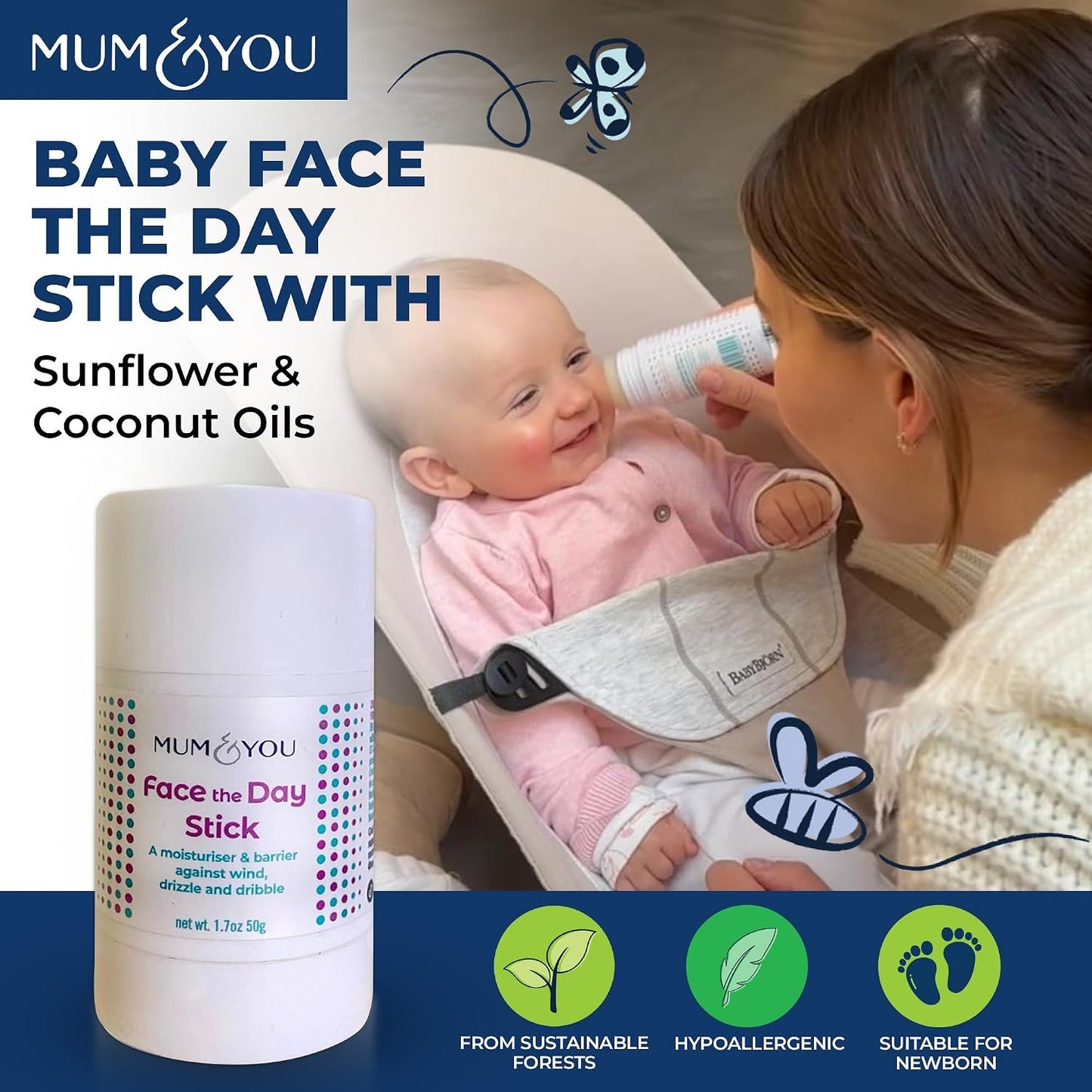 Mum & You Baby Face The Day Stick with Sunflower & Coconut Oils, Beeswax & Shea Butter for Natural Skincare. Protect