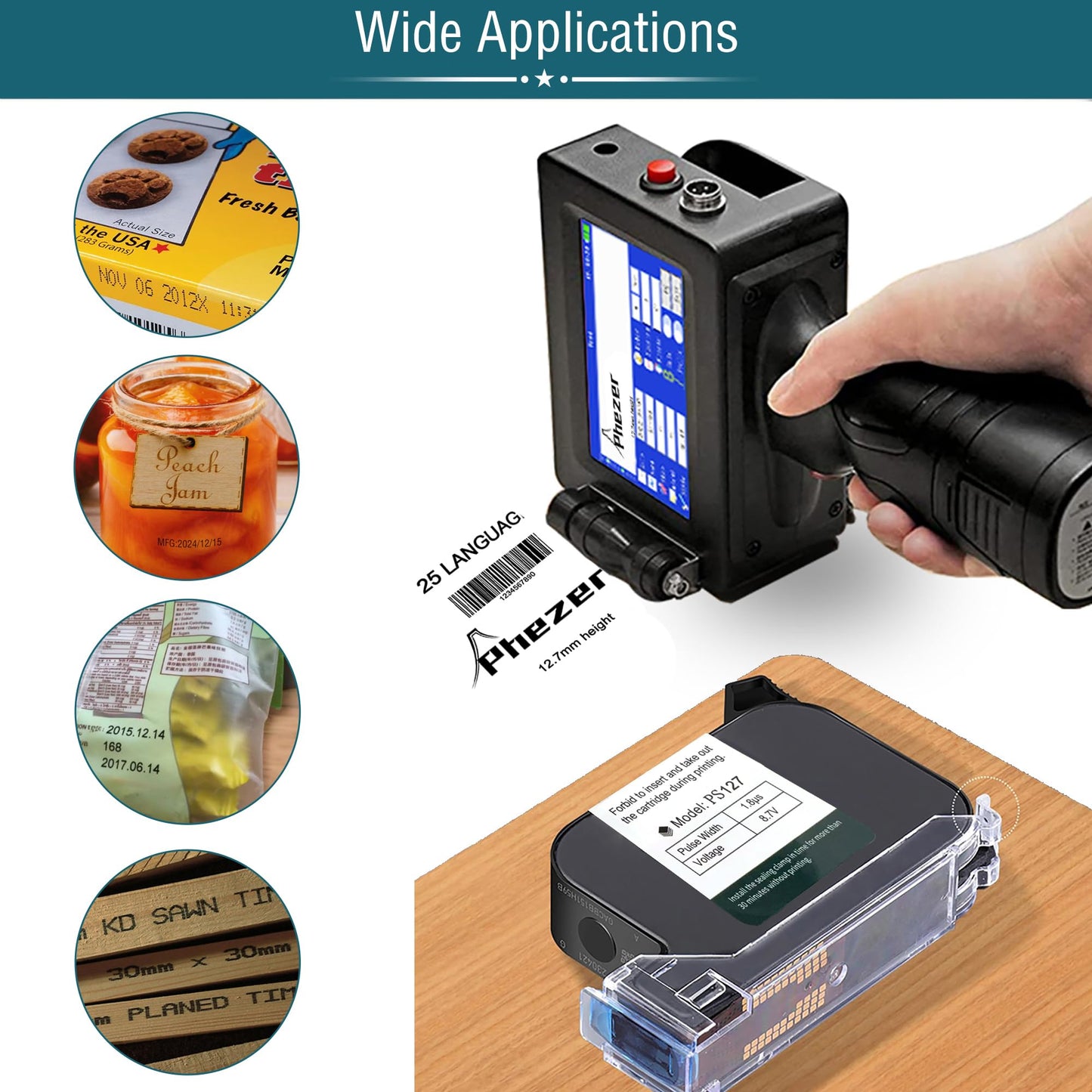Phezer Handheld Inkjet Printer Gun P15U with PS127 Quick-Drying Ink Cartridge, 0.5inch Portable Handheld Printer for Text/Barcode/Logo/QR/Counter/Number/Date (with Suitcase)