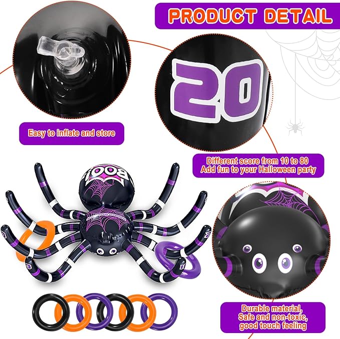 Max Fun Halloween Ring Toss Games for Kids, 2 Pack Inflatable Spiders Set Halloween Party Favor Supplies Holiday Carnival School Decoration Outdoor Indoor Spooky Creepy Game