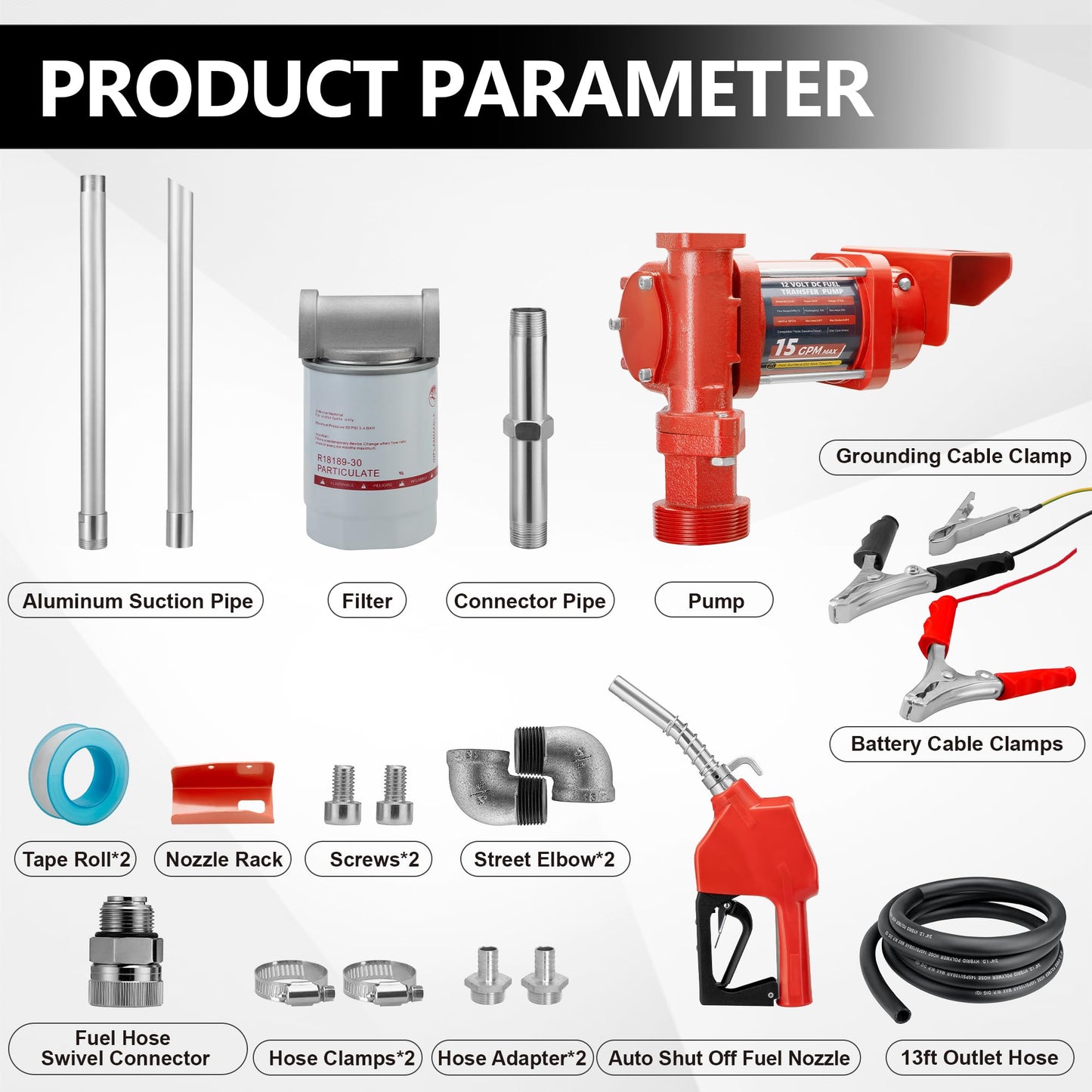 12V 15 GPM Fuel Transfer Pump with Discharge Hose, Automatic Nozzle, Premium Filter Package, Suitable for Gasoline, Diesel, Kerosene, Ethanol & Methanol Blends