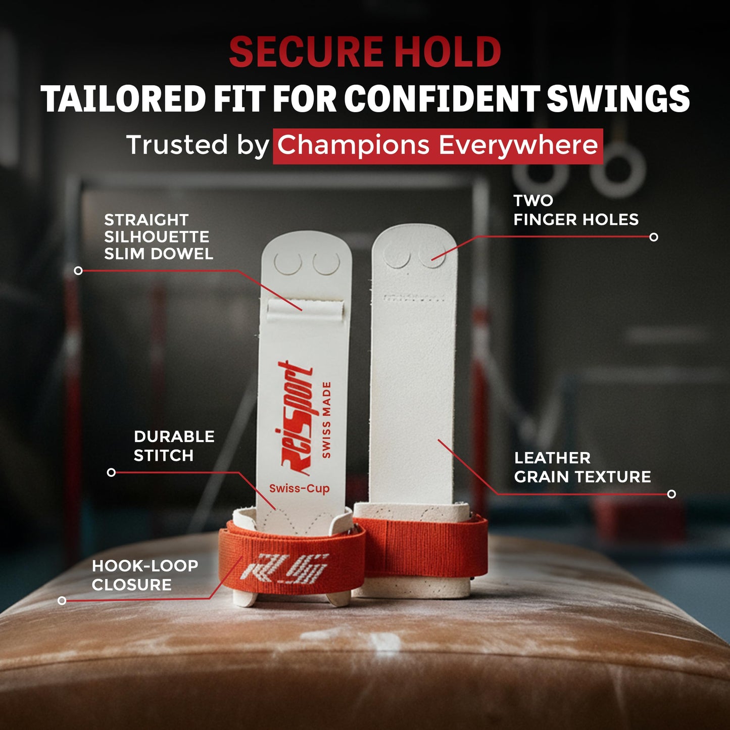 Reisport Men's Ring Gymnastic Grips, Premium Leather Grip with Hook & Loop Closure for Secure Grip, Safe Hand Grip, Hand Wraps for Advanced Gymnasts, XX-Small
