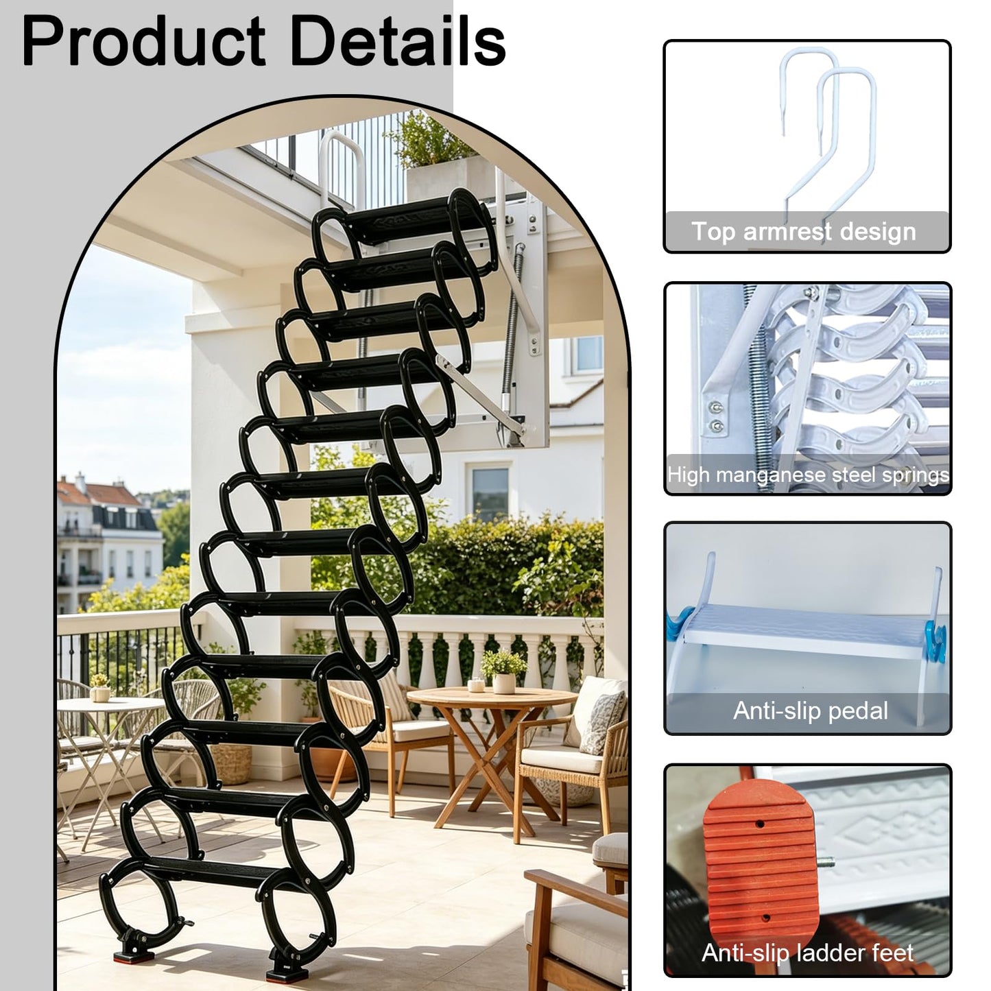 Wall-Mounted Attic Stairs, Attic Ladder Pull Down System, 12 Steps Retractable Loft Ladder, Folding Extension Attic Staircase for Garages Attics Telescoping Ladder, Roof (Black-White, 12 Steps)