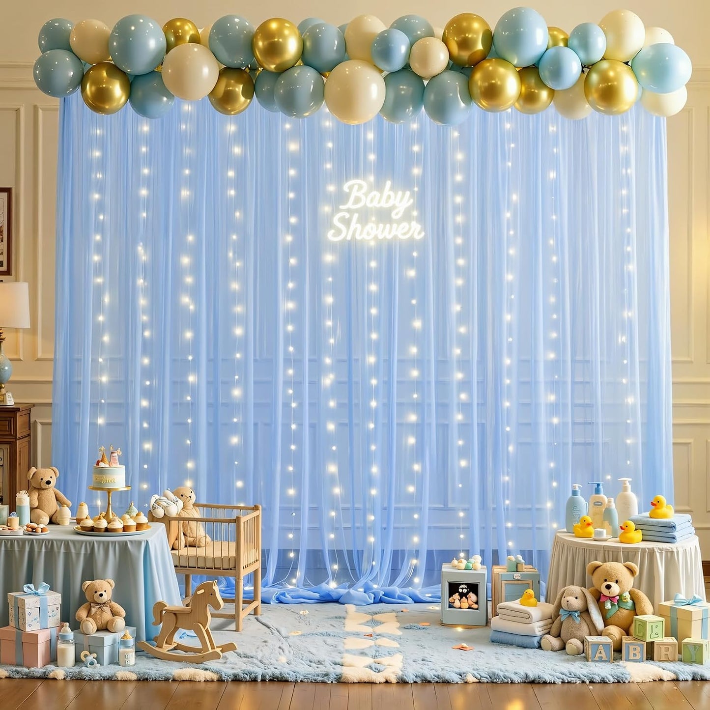 1015ft 2 515ft Baby Blue Sheer Tulle Backdrop Curtains with Lights String for Parties Baby Shower Decorations for Boy