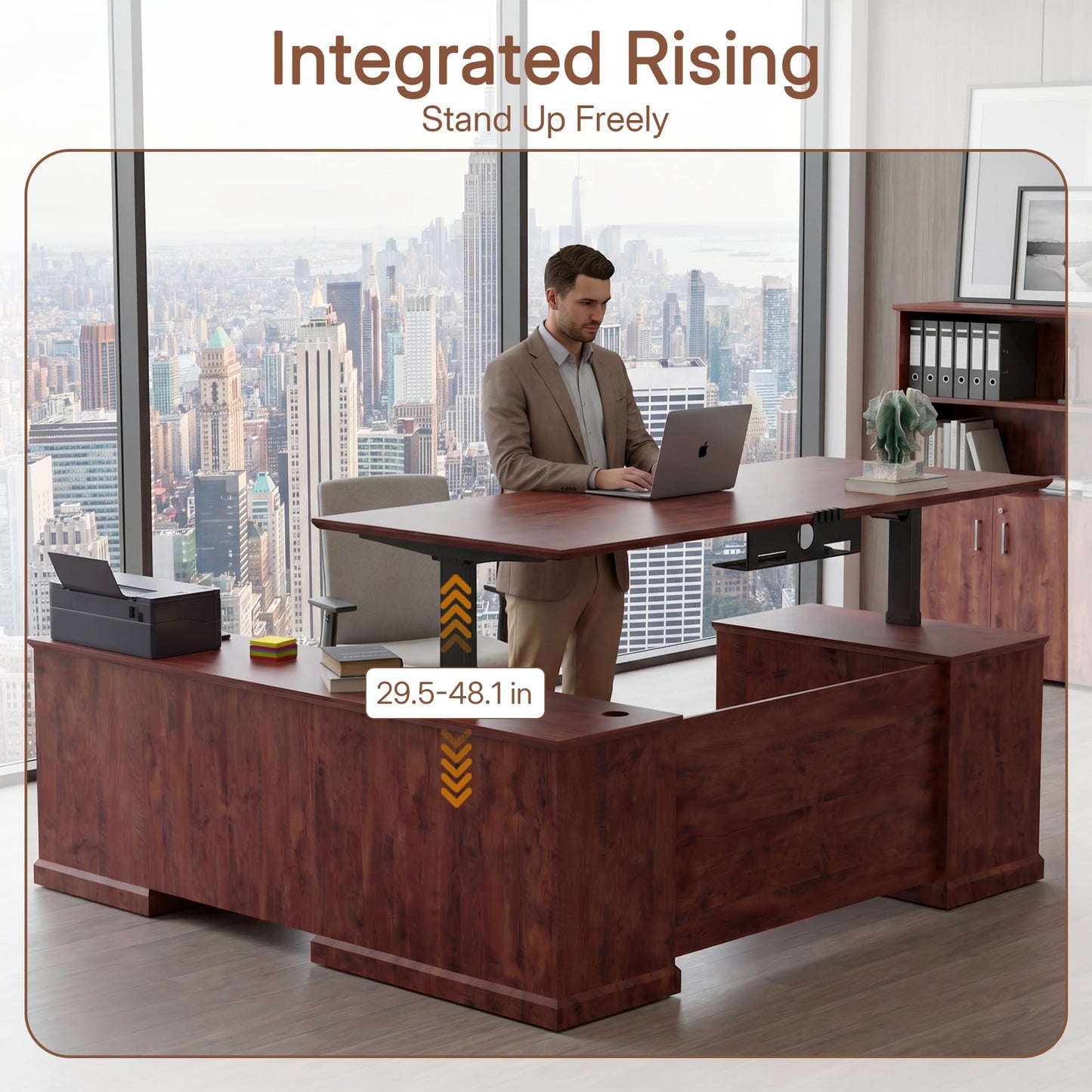 ZIMASYA 71" L Shaped Executive Desk with File Cabinet Drawers Outlet USB, Height Adjustable Modern Office Desk Privacy Panel Sit-Stand Workstation for Boss Managers Office Home Mahogany