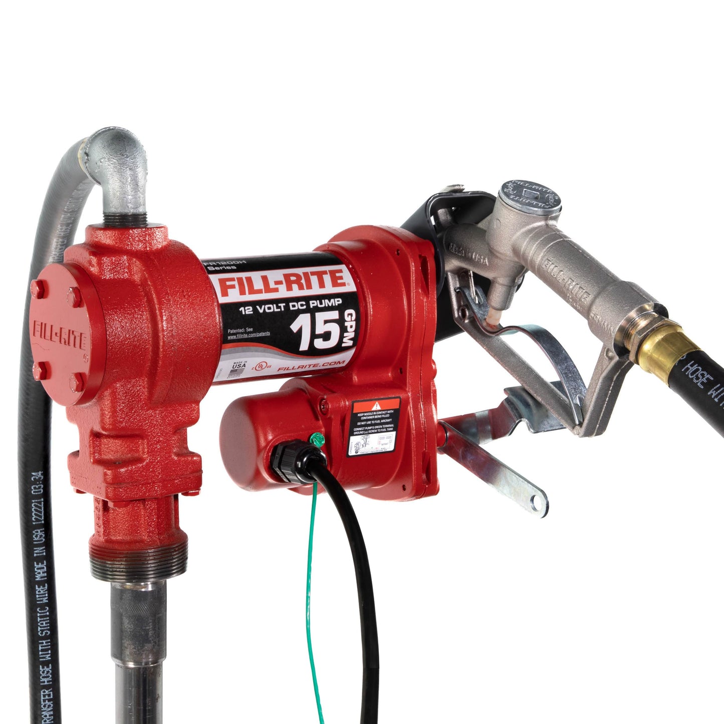 Fill-Rite FR1210H 12V 15 GPM Fuel Transfer Pump with Discharge Hose & Manual Nozzle | Gasoline, Diesel, Kerosene, Ethanol & Methanol Blends & Biodiesel