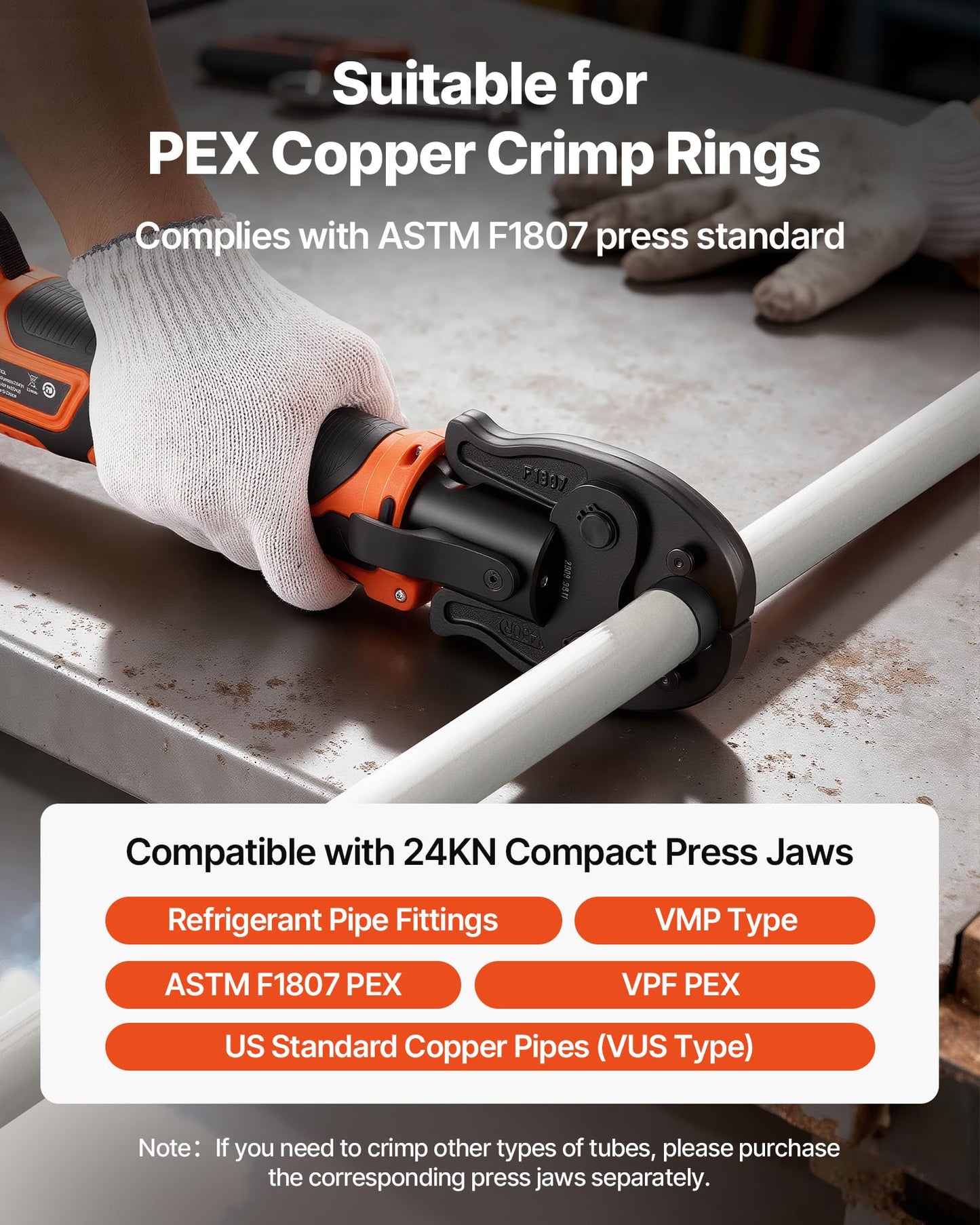VEVOR Cordless Mini Press Tool, 18V Electric Pipe Crimping Tool for 1/2", 3/4", 1" PEX Pipe Copper Rings, 24KN PEX Press Tool with 2pcs Battery, Fast Charger & Carrying Case - Meet ASTM F1807 Standard