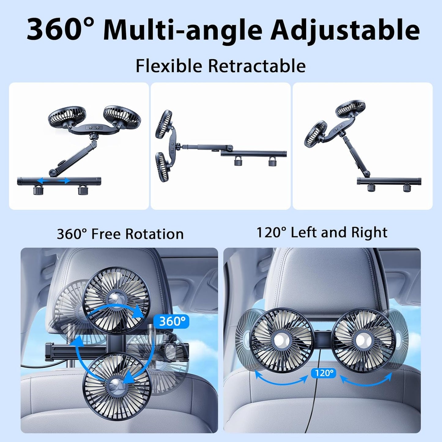 360 3 Car Fan for Backseat kids with Retractable Long Arm, [Comes with Car Charger] USB Car Seat Fan Headrest Degree