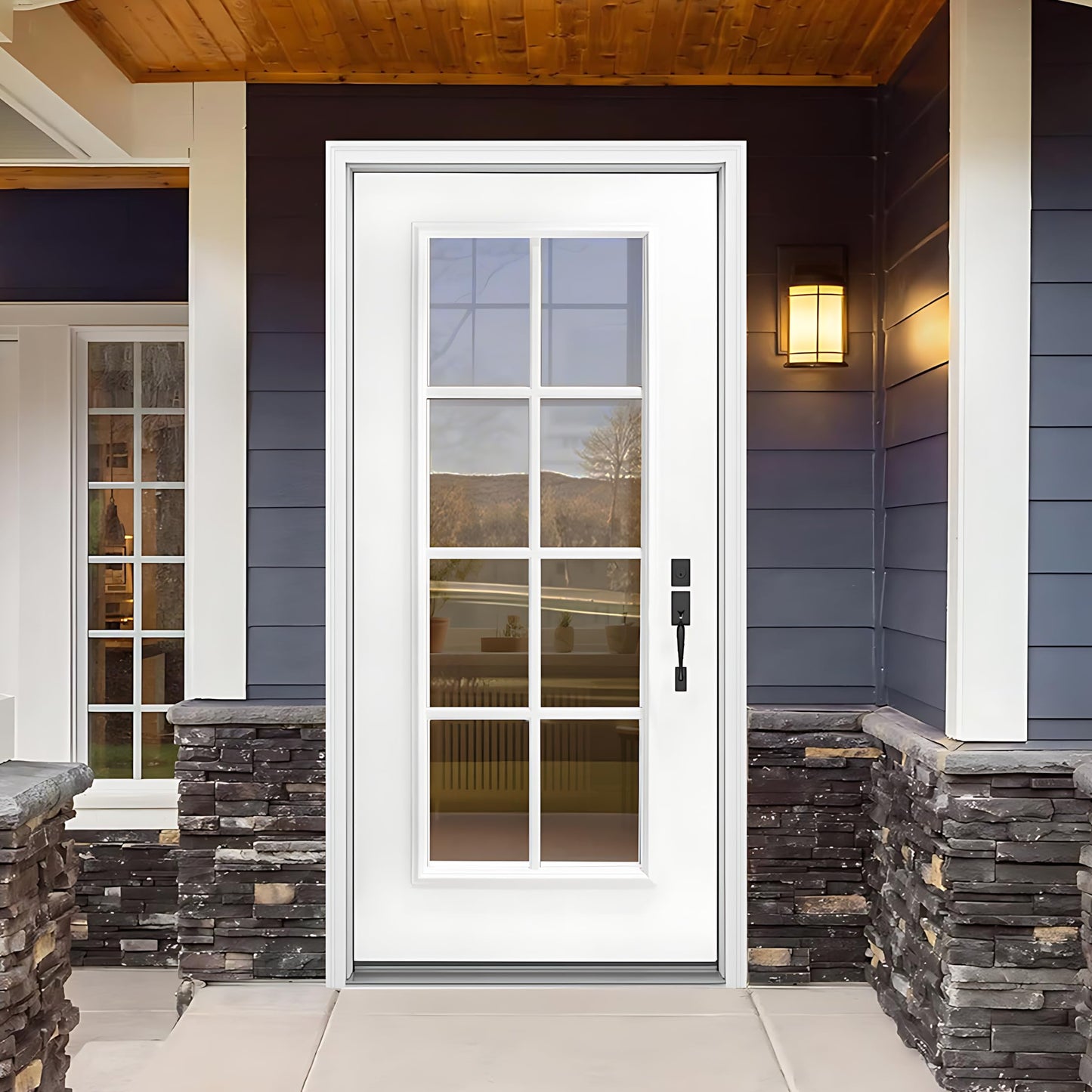 Fiberglass Exterior Front Door 36 x 80'', 8 Lite Low-E Glass Left-Hand Inswing Woodgrain Primed Knock-Down Entry Door with 4-9/16'' Brickmould and Vinyl Frame Included