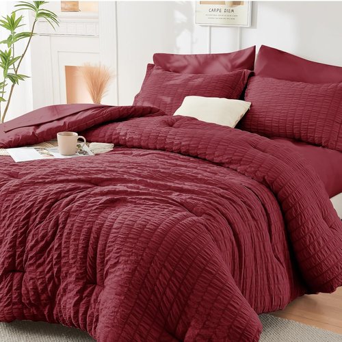 HYMOKEGE Burgundy Comforter Set - 7-Piece All-Season Luxury Bedding Set with Sheets & Pillowcases