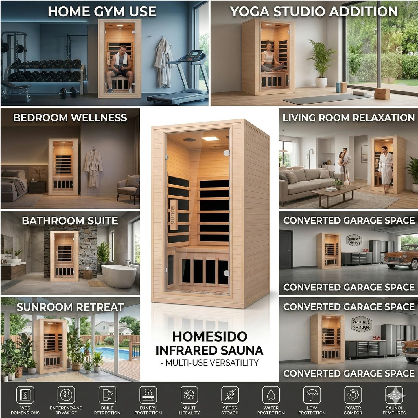 Homsido 1-Person Far Infrared Sauna, Canadian Hemlock Wood, 1200W 5-Panel Heat, 7-Color Ambient Light & Oxygen Bar, Bluetooth, 149°F Max Temp, Personal Home Sauna for Gym/Apartment, 32"x34"x67"