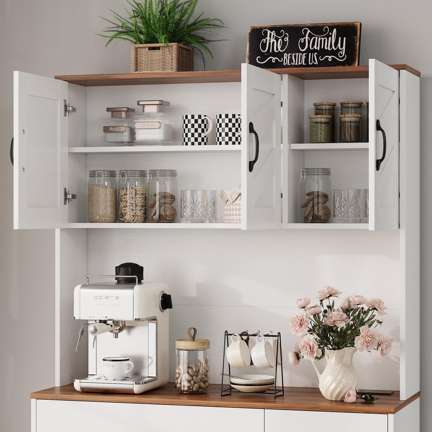 GarveeHome 71" Pantry Cabinet with Charging Station, Tall Kitchen Pantry Storage Cabinet with Microwave Stand, Farmhouse Kitchen Hutch with Countertop & 2 Drawers for Living Room, Dining Room, White