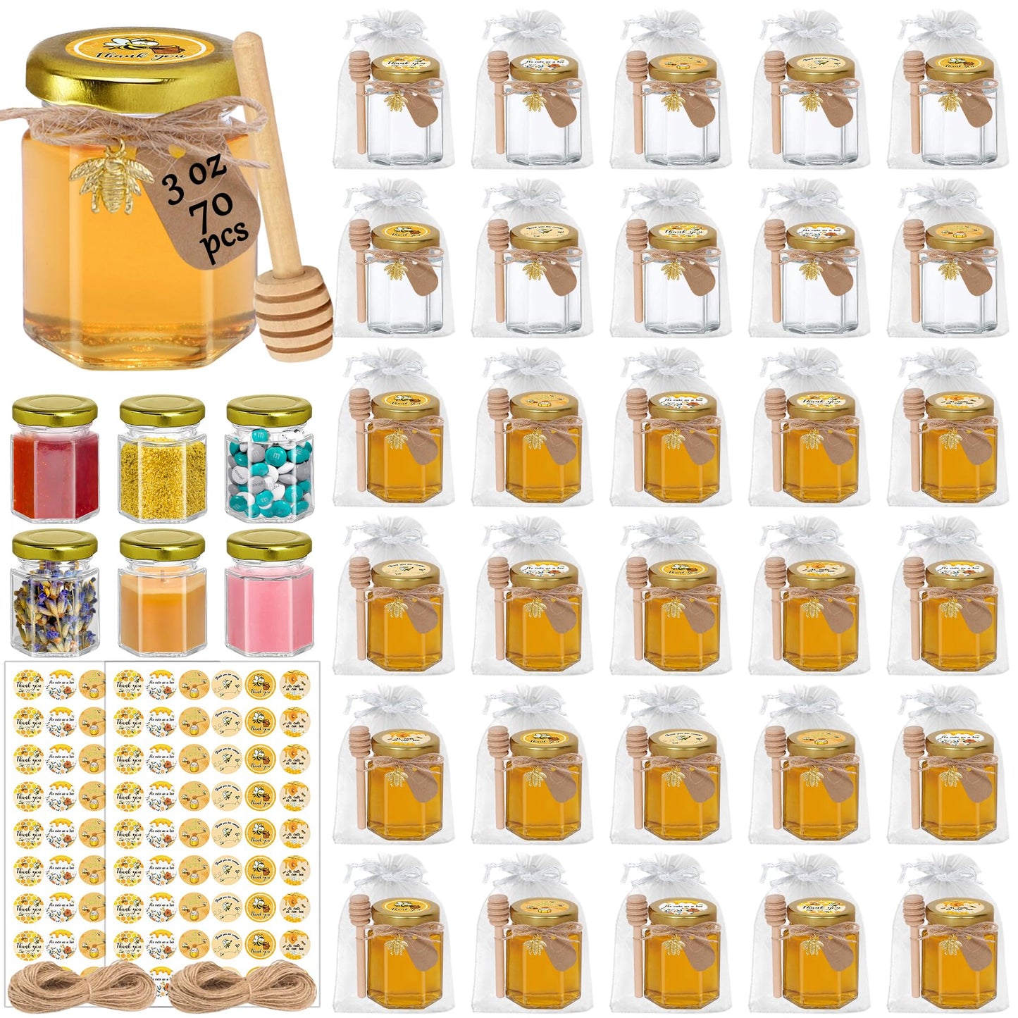 Aliggbent 70 Pack Small Honey Jars for Party Favors in Bulk, 3 oz Mini Hexagon Glass Honey Jars with Dippers, Lids, Cute Stickers, Bee Charms, Gift Bags and Jute for Baby Showers, Weddings, Birthdays
