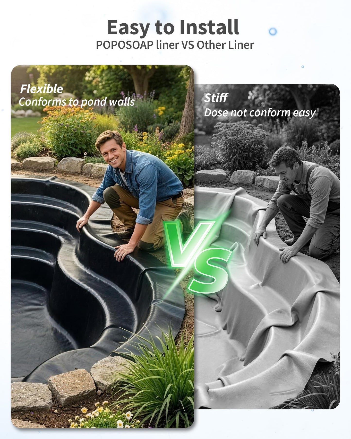 POPOSOAP Pond Liner, Mil Fish Pond EPDM Liner, U-V Resistant Preformed Garden Pond Liners for Outdoor Ponds, Koi Ponds, Garden Fountain, Waterfalls 10 x 10 FT 45Mil