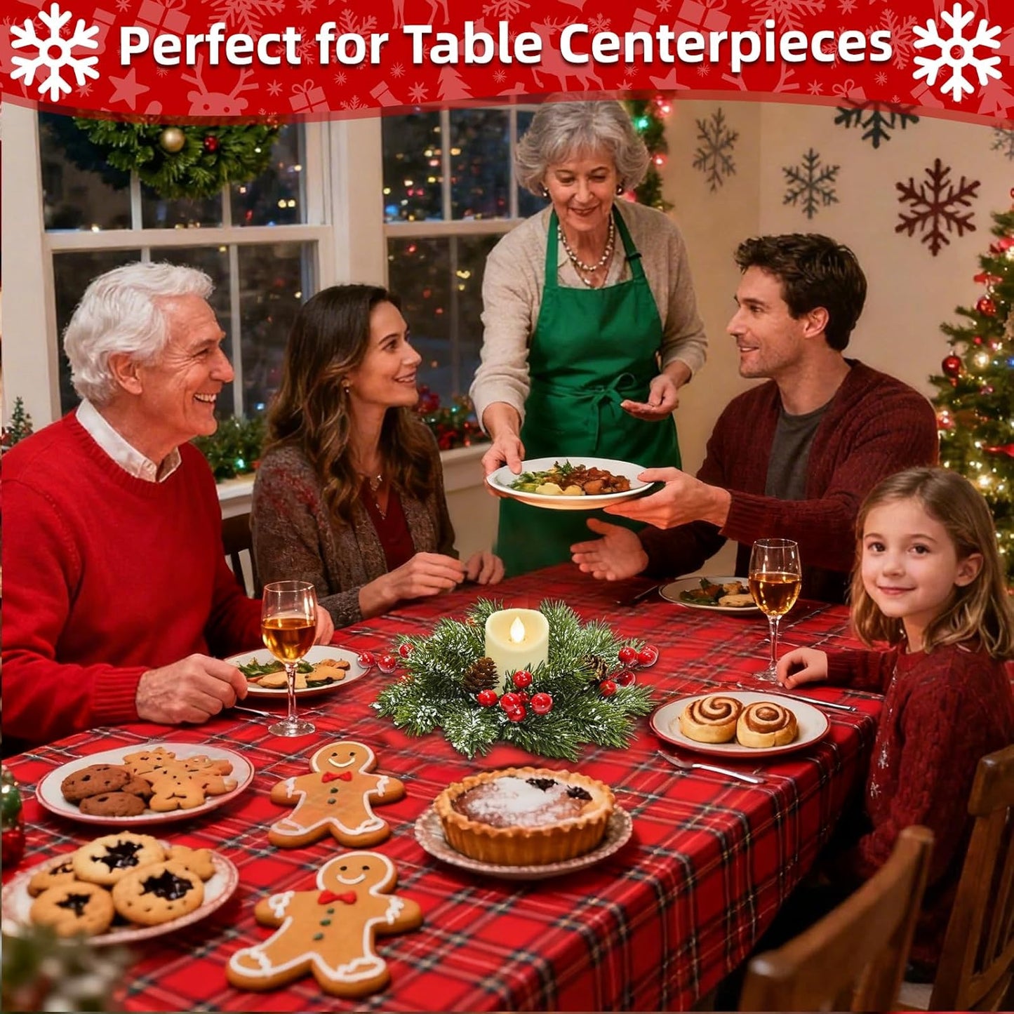Skiennix Christmas Candle Rings - 4 Pcs Flocked Pine & Red Berry Wreaths for Festive Home Decor