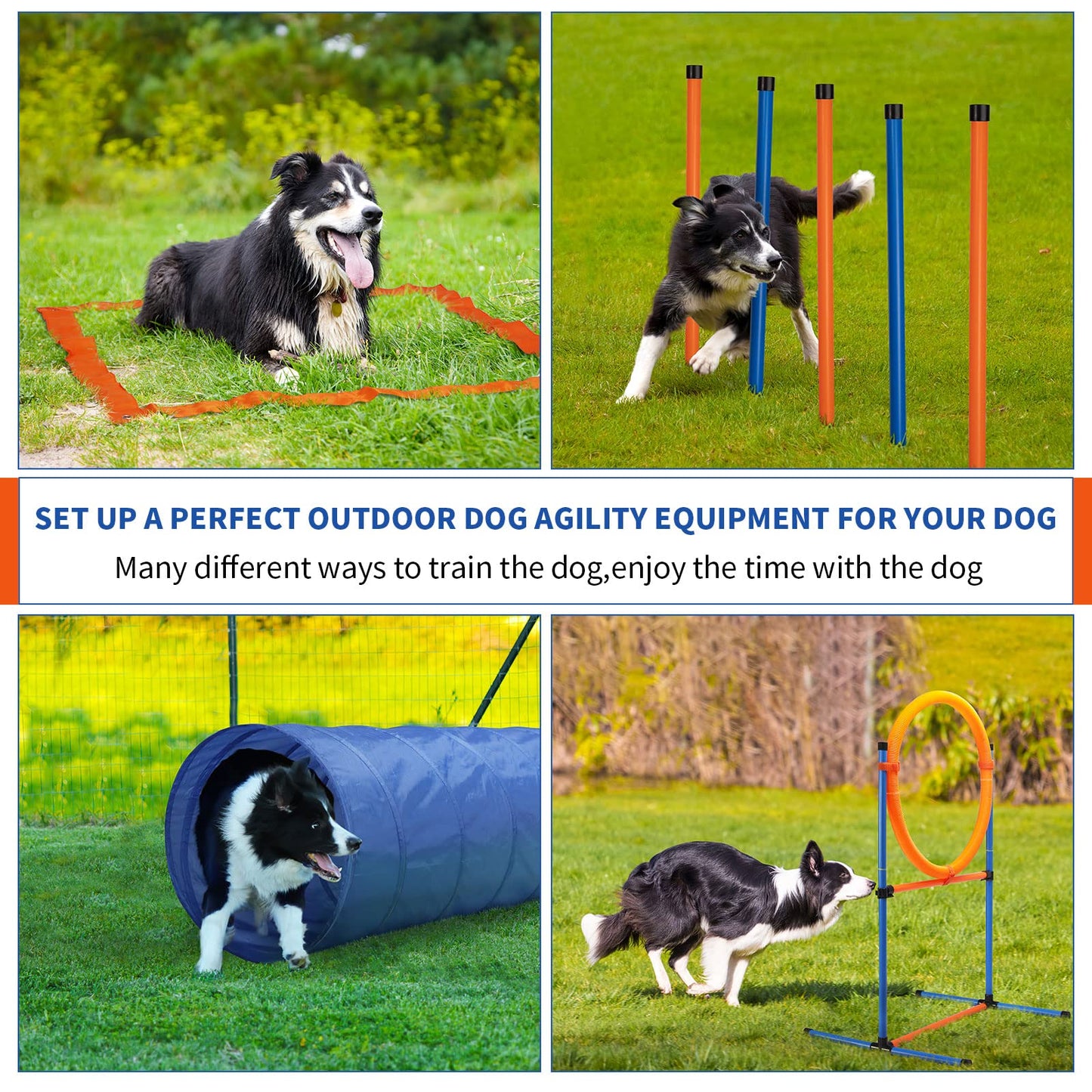 JMMPOO Dog Agility Training Equipment, 60-piece Dog Obstacle Course Training Starter Kit Pet Outdoor Game with Tunnel, Agility Hurdle, Weave Poles, Jump Ring, Pause Box, Toy Balls and Storage Bag