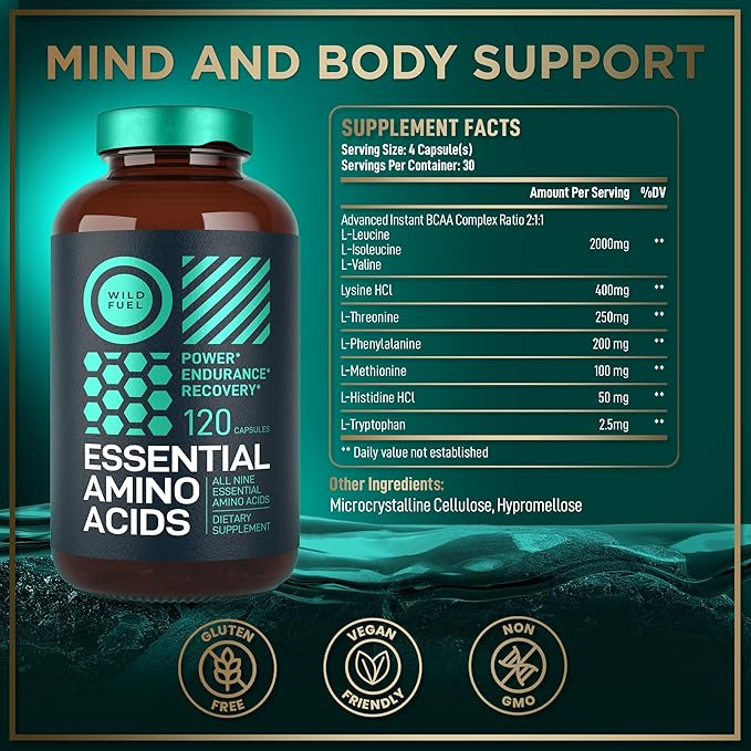 WILD FUEL Essential Amino Acids Supplement for Women and Men - All 9 BCAAs Amino Acid Complex for Power and Recovery - EAA Lysine, Tryptophan, Isoleucine - 2 Pack 240 Vegan BCAA Capsules