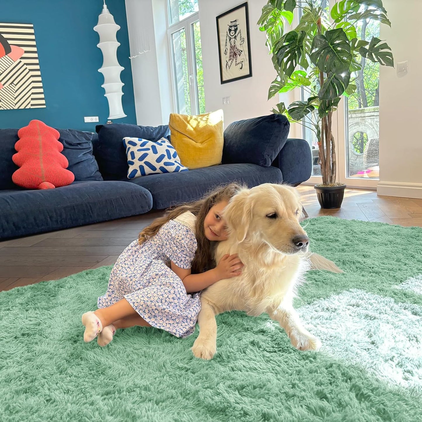 OLANLY Soft Fluffy Shaggy Bedside Rug - 3x5 Machine Washable Indoor Carpet in Mint Green for Kids & Nursery