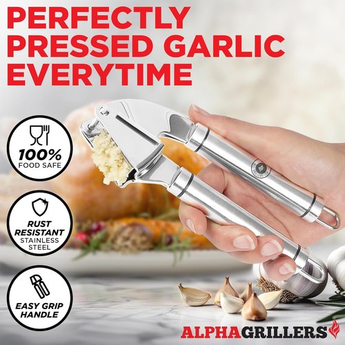 Alpha Grillers Garlic Press - Stainless Steel, Easy to Clean & Rust-Proof | Includes Silicone Peeler & Brush