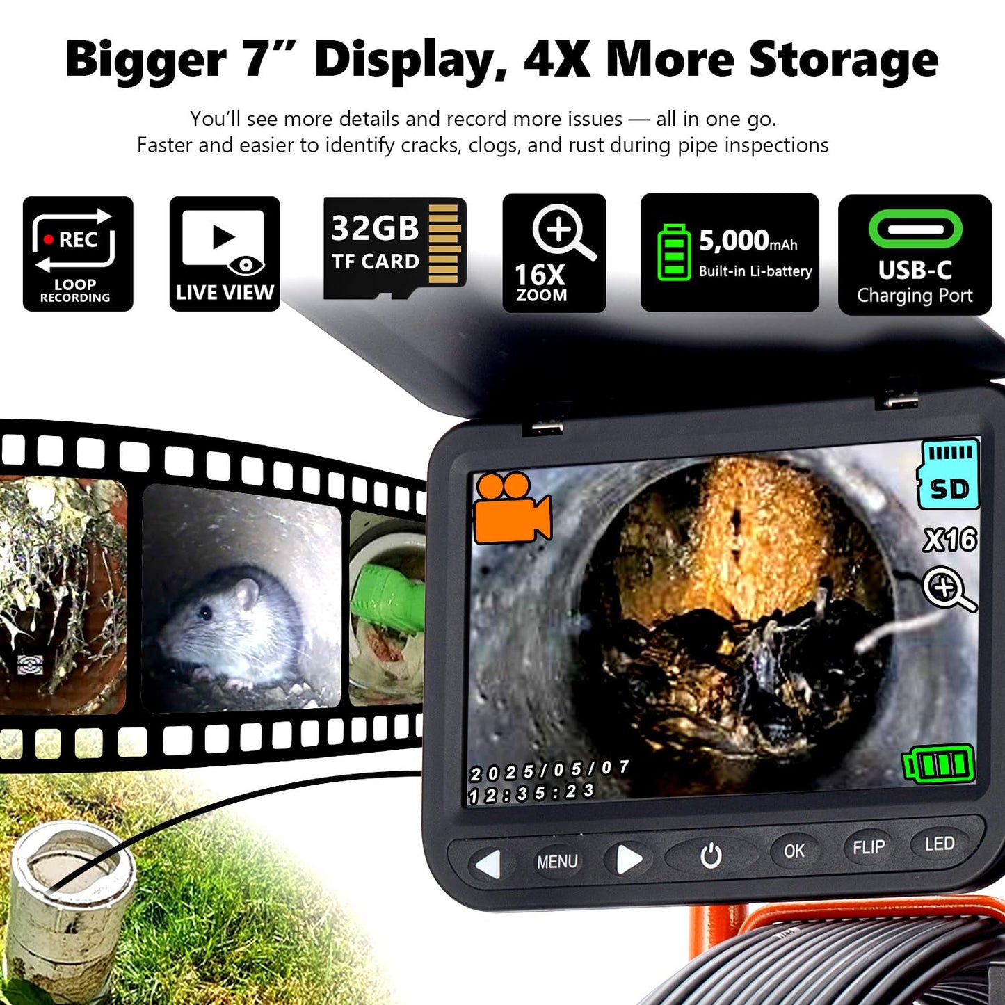 𝟐𝟎𝟐𝟔 𝐧𝐞𝐰 7” Trolley Sewer Camera, HD 1080P w/DVR-32GB,[Quick-Unlock Y Clamp] Sewer Pipe Camera,Telescoping Aluminum Handle (3 Adjustable Heights),5000mAh, [360°Rotate] Drain Camera,165ft/50m