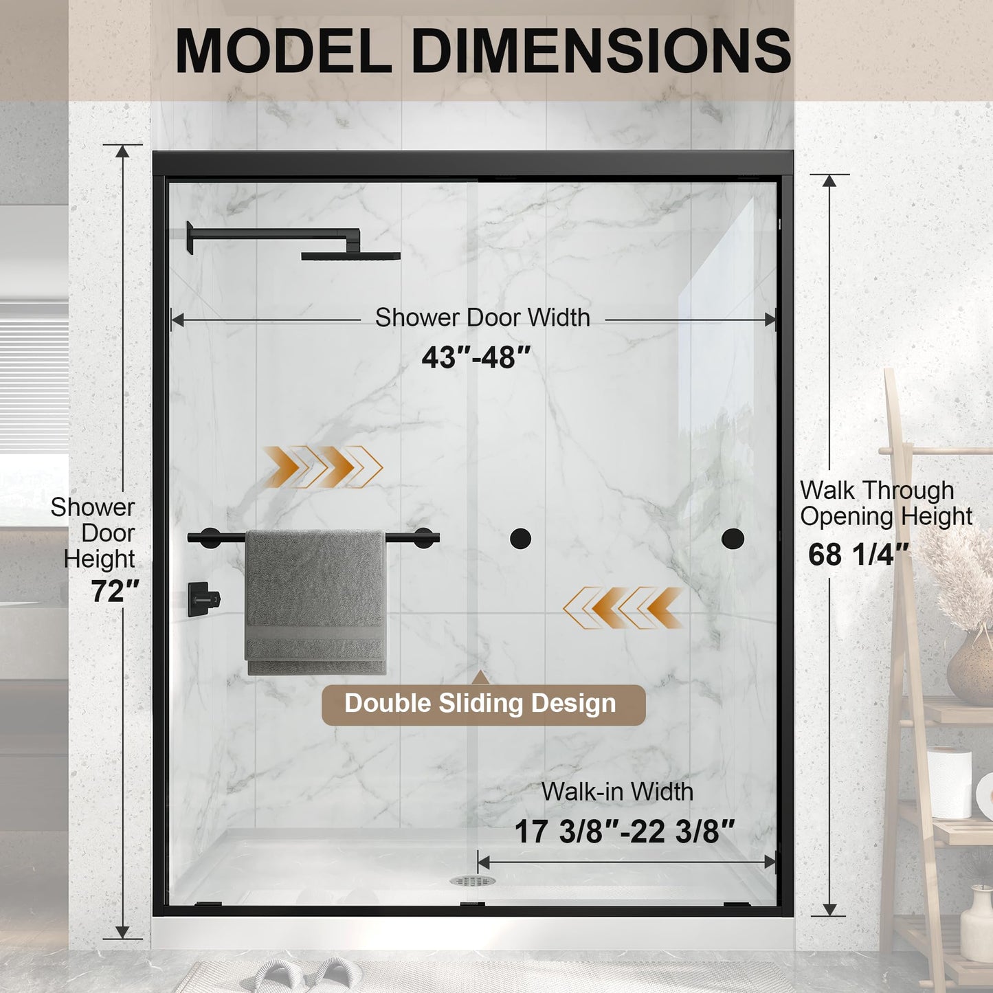 Double Sliding Shower Door 43-48" W x 72" H,Semi-Frameless Glass Shower Door with Nano Explosion-Proof Safety Film, 1/4"(6mm) Tempered Glass,Easy-Clean Bypass Walk-in Shower Door,Matte Black