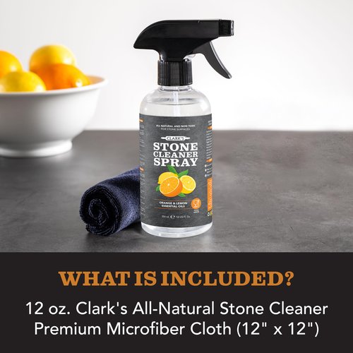 CLARK'S Natural Stone Spray Cleaner, with Microfiber Cloth for Soapstone, Granite, Quartz, Marble, & other Countertop Surfaces – Pure Ingredients to Keep Stone Protected, Citrus Oil Extracts, 12oz