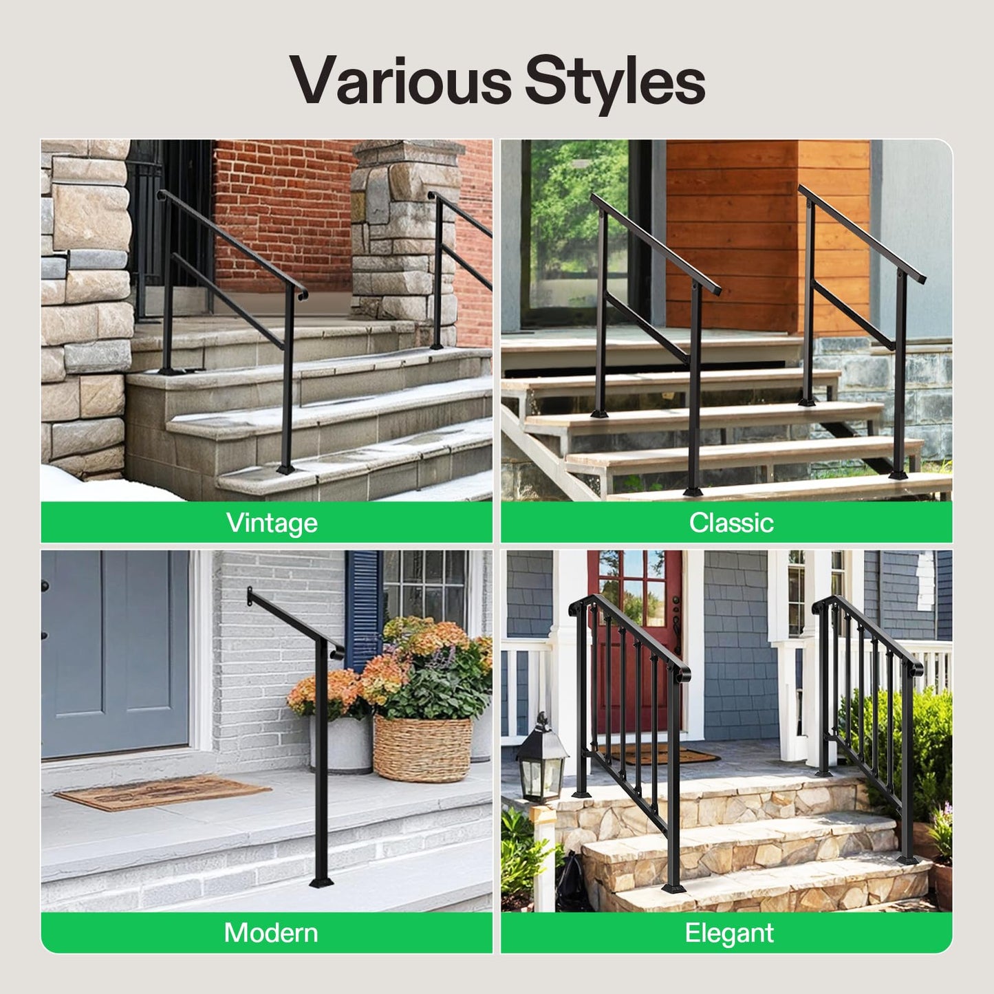 VIVOSUN Outdoor Handrail, 6 Step Stair Handrail, 83" x 36" Fits 1 to 6 Steps, Wrought Mattle Iron Handrail for Concrete Steps, Porch Steps, One-Step Assembly, Black