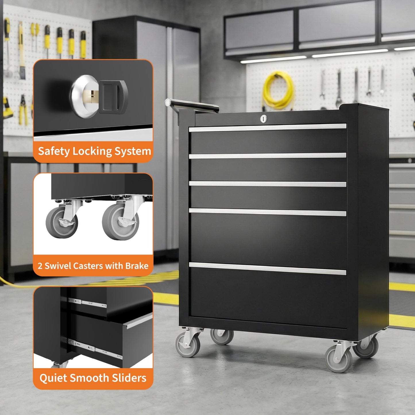 Garvee Rolling Tool Chest, 5 Drawers Tool Storage Cabinet, Toolbox with Wheels, Portable Tool Cabinet Organizer with Locking System & Drawer Liners, Tool Storage Cart for Garage, Workshop, Black