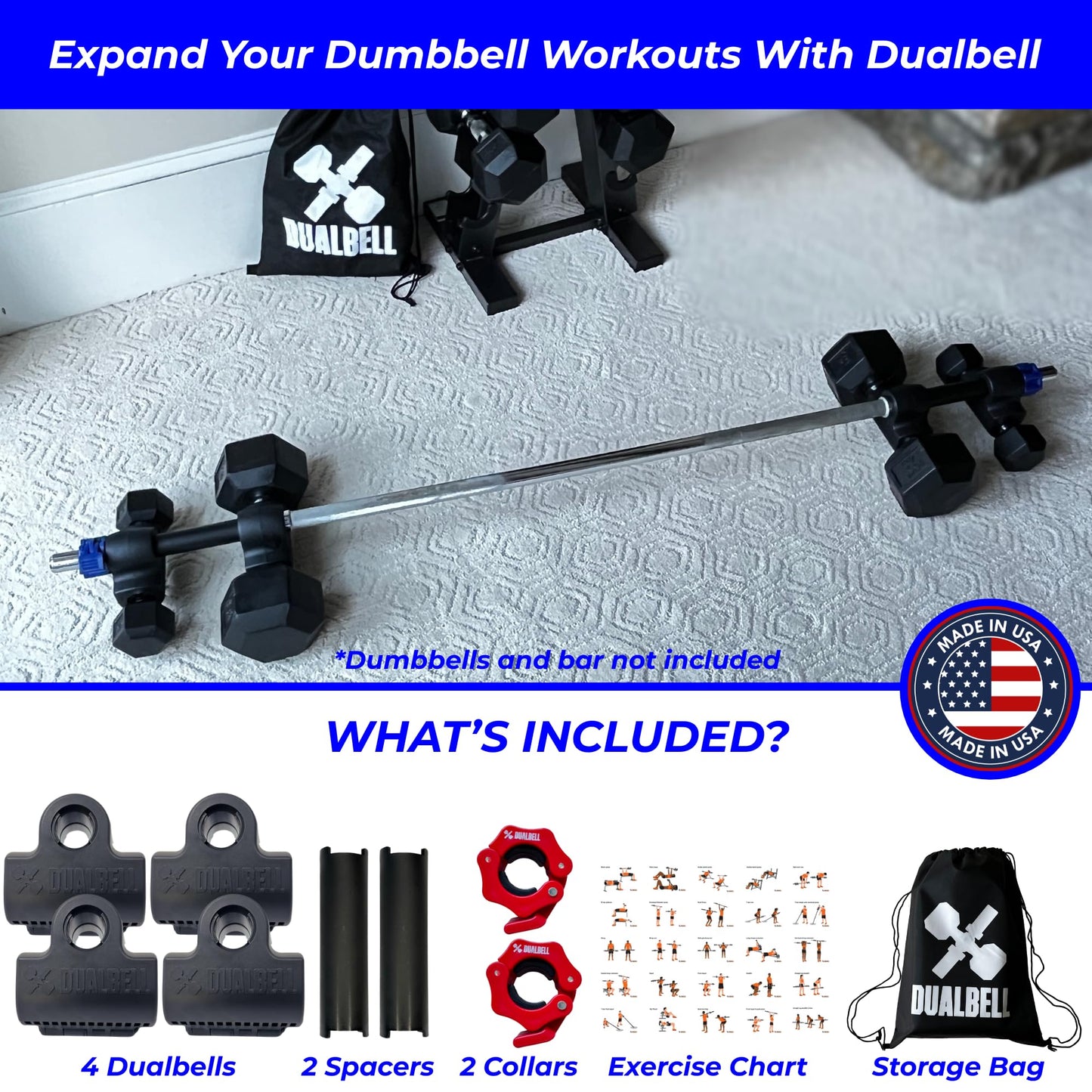 DUALBELL Dumbbell Barbell Converters- Heavy Duty Barbell Adapters, Convert Dumbbells to Barbell, 500lb Capacity, Easy Setup for 1" Bars, Turn Dumbbells into Weight Plates, Black Superset w/Red Weight Collars