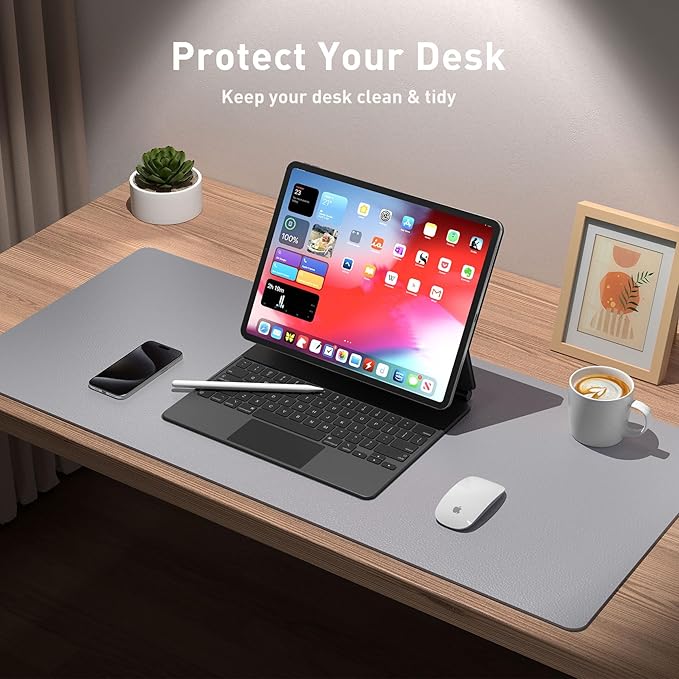 Aothia Leather Desk Pad Protector, Mouse Pad, Office Desk Mat, Non-Slip PU Leather Desk Blotter, Laptop Desk Pad, Waterproof Desk Writing Pad for Office and Home (36" x 17", Light Grey)