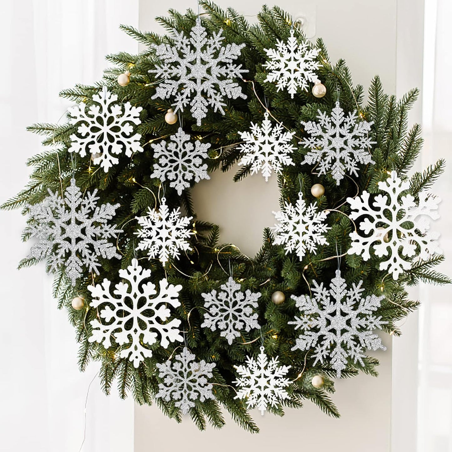 Skiennix Christmas Snowflake Ornaments - 36Pcs Glittering Plastic Hanging Decor for Winter Wonderland