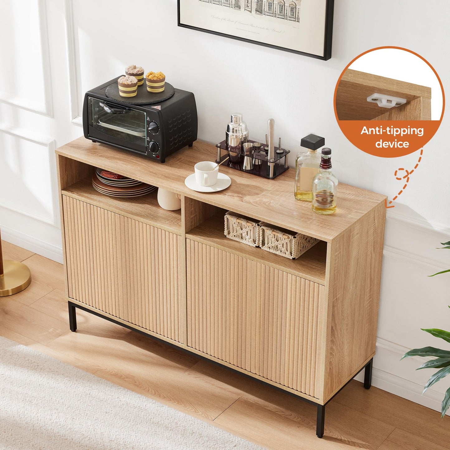 Mericonia Farmhouse Buffet Sideboard Cabinet with Storage, Fluted Coffee Bar with Doors and Adjustable Shelves, Modern Wood Console Cabinet for Kitchen, Livingroom (Fluted 4 Door, Natural)