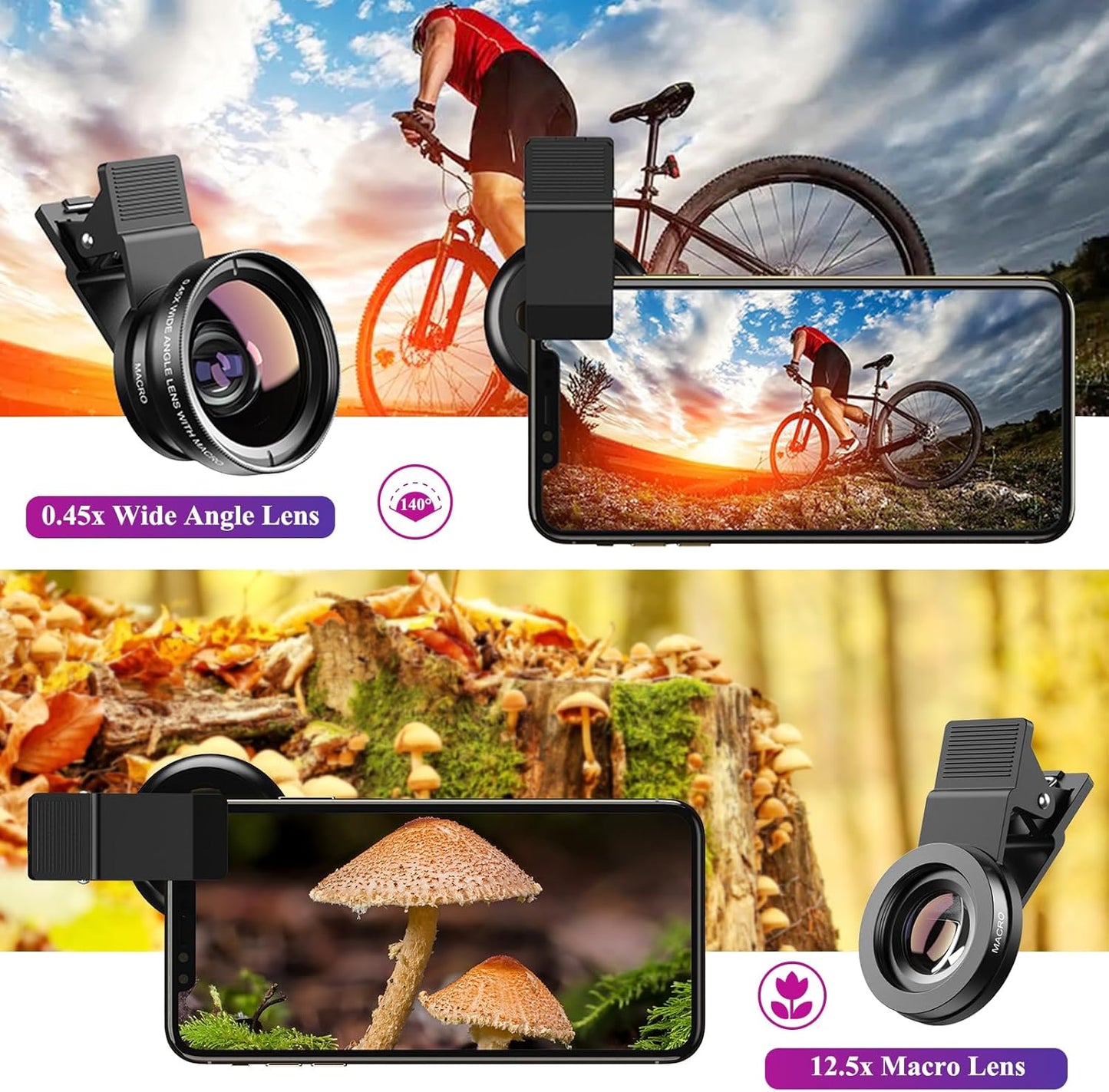 APEXEL 2 1 0.45X 140+ 12.5X Phone Camera Lens, in Cell Phone Clip-on Lens Kit Wide Angle Lens Macro Lens Clip-on iPhone
