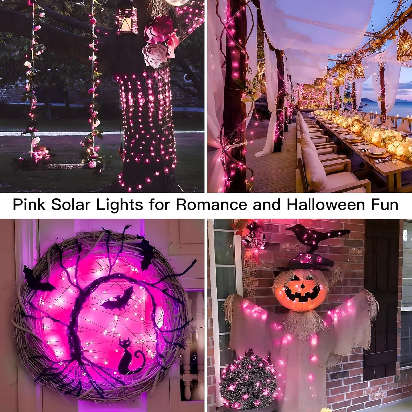 Suddus Pink Solar String Lights - 200 LED Fairy Lights, 66ft, 8 Modes for Outdoor Decor | Perfect for Halloween, Patio, and Yard