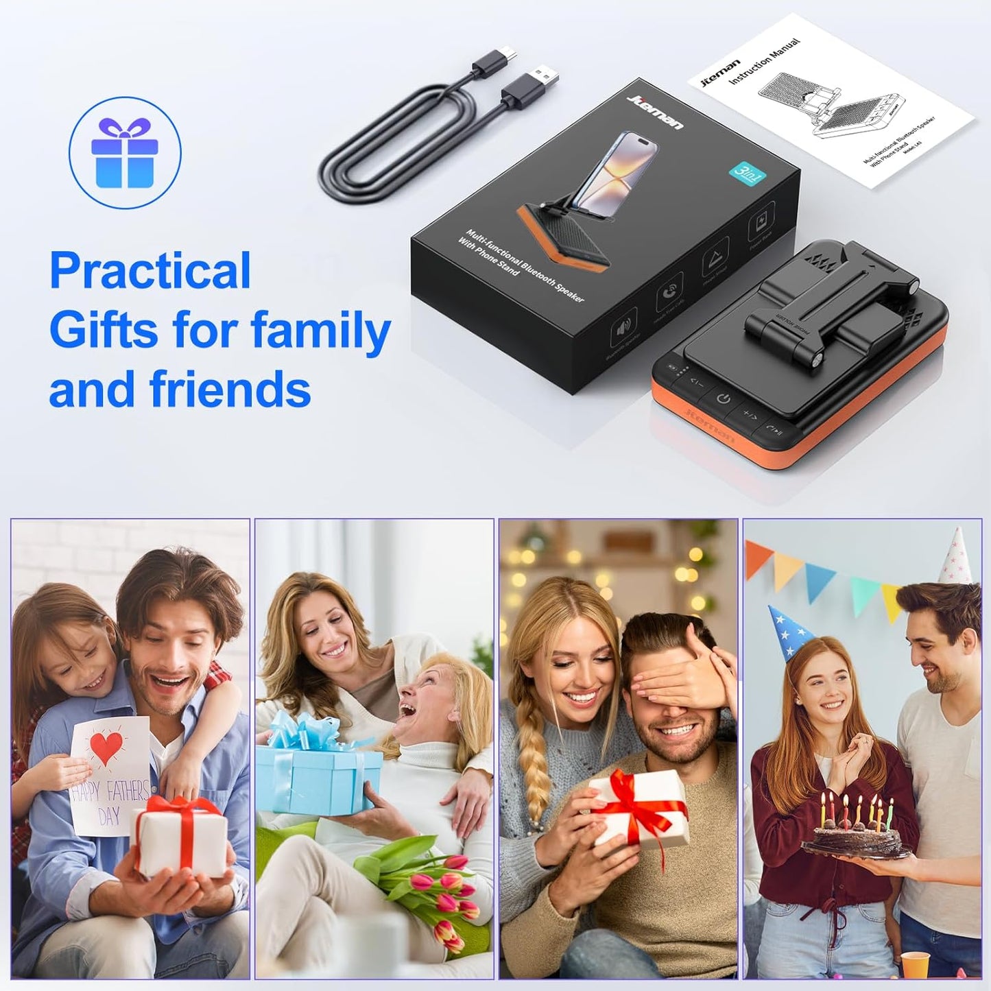 JTEMAN Bluetooth Speaker Phone Stand with Charging Function,Portable Foldable Slim Stand,Birthday Gifts for Men