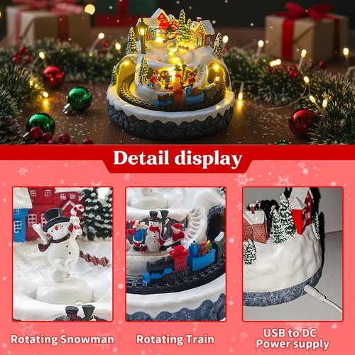 Christmas Village Decoration - Spinning Train & Snowman Musical Collectible with LED Lights | 8 Songs & Timer Function